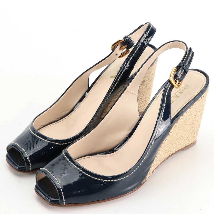Prada Patent Leather Open-Toe Espadrille Wedge Slingbacks with Contrast ...