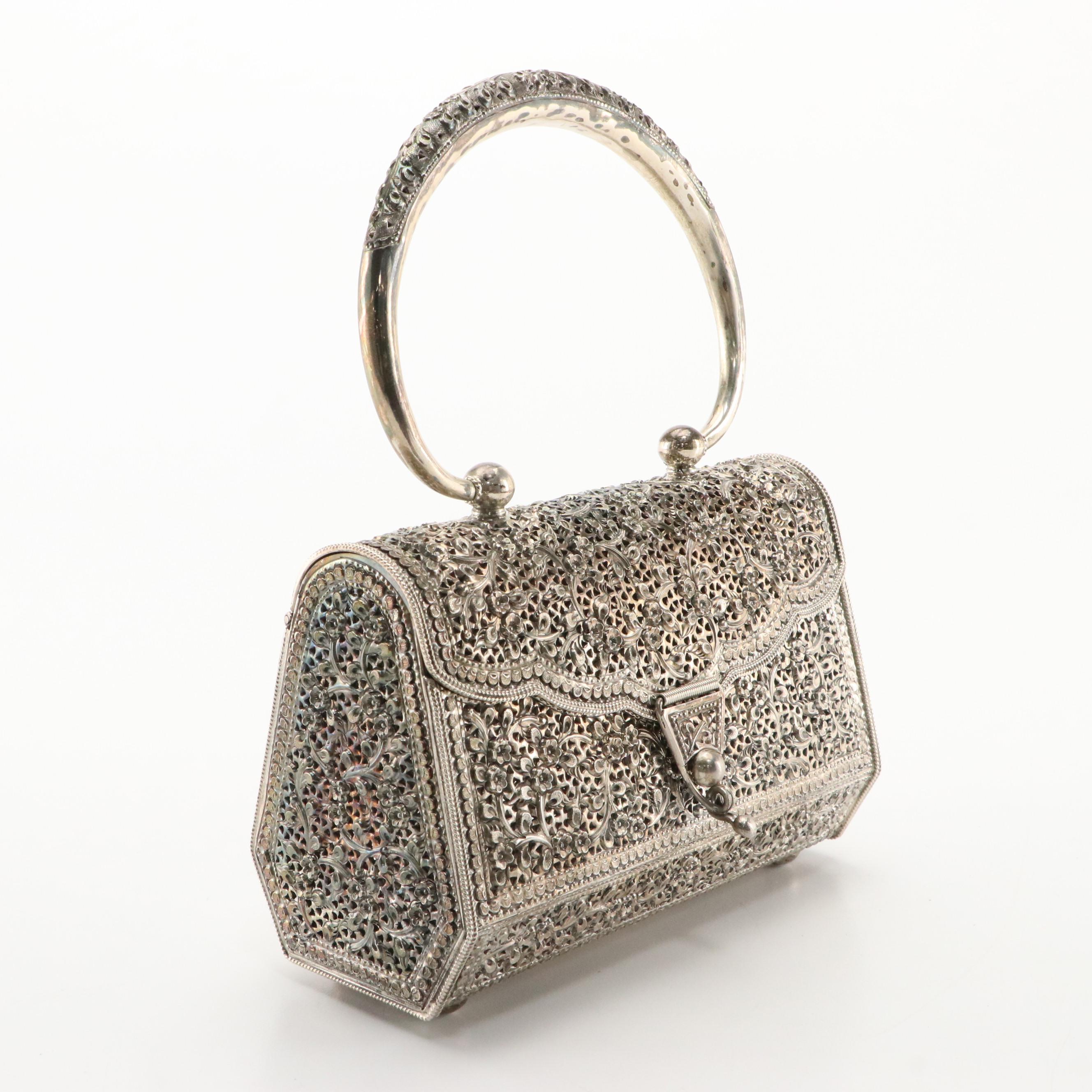 Sterling Silver Repoussé Openwork and Engraved Hinged Box Purse in Florals