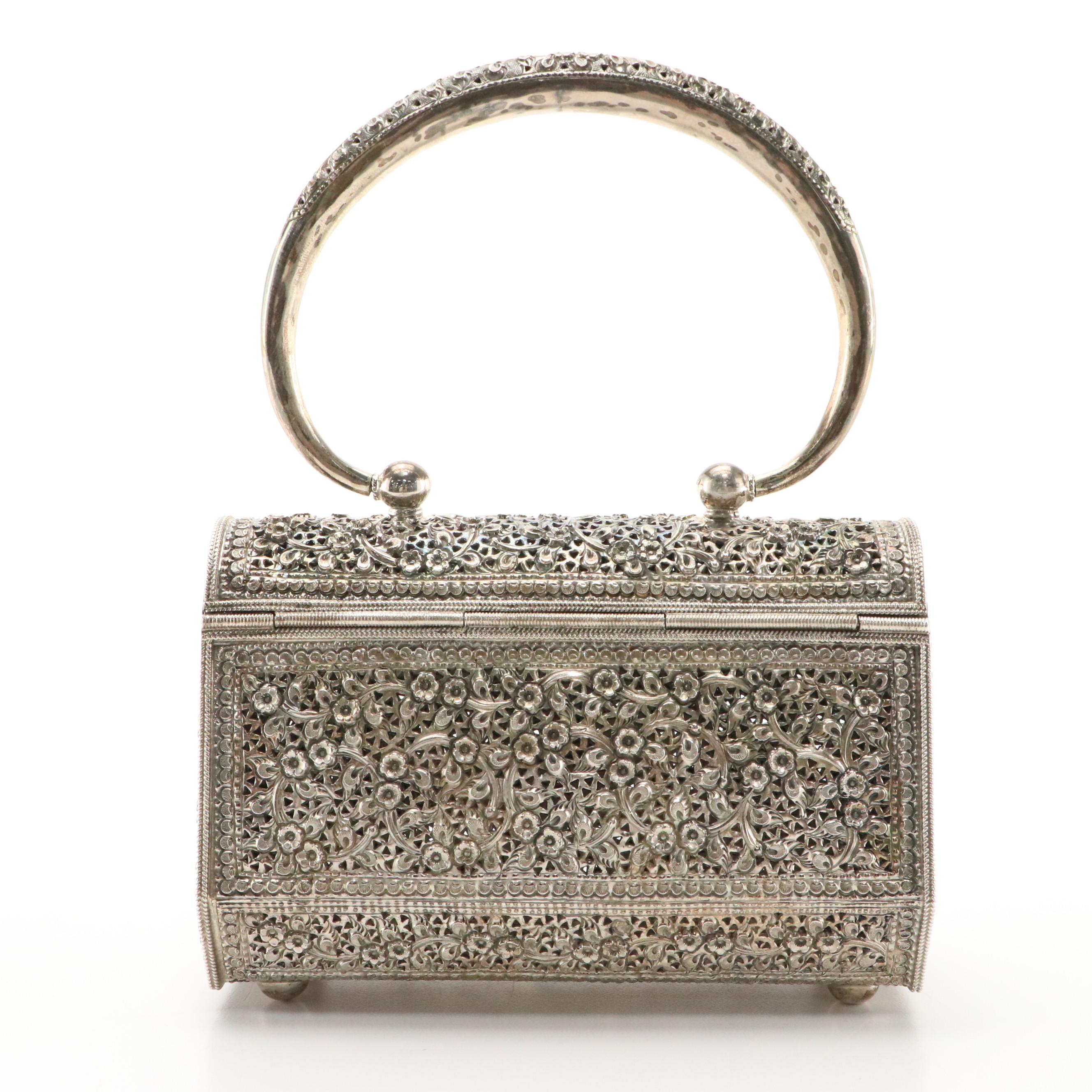Sterling Silver Repoussé Openwork and Engraved Hinged Box Purse in Florals