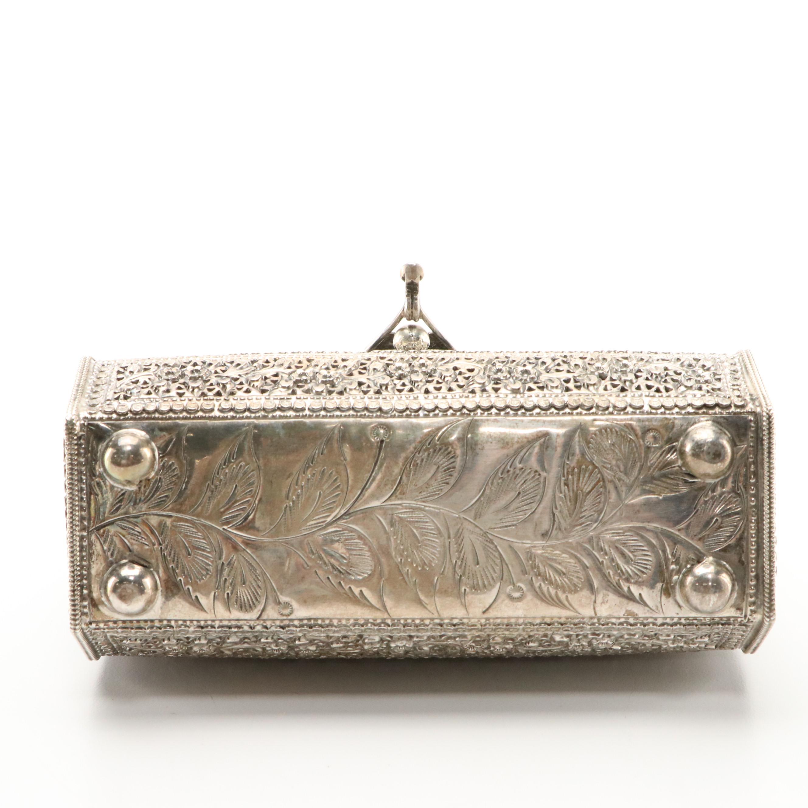 Sterling Silver Repoussé Openwork and Engraved Hinged Box Purse in Florals