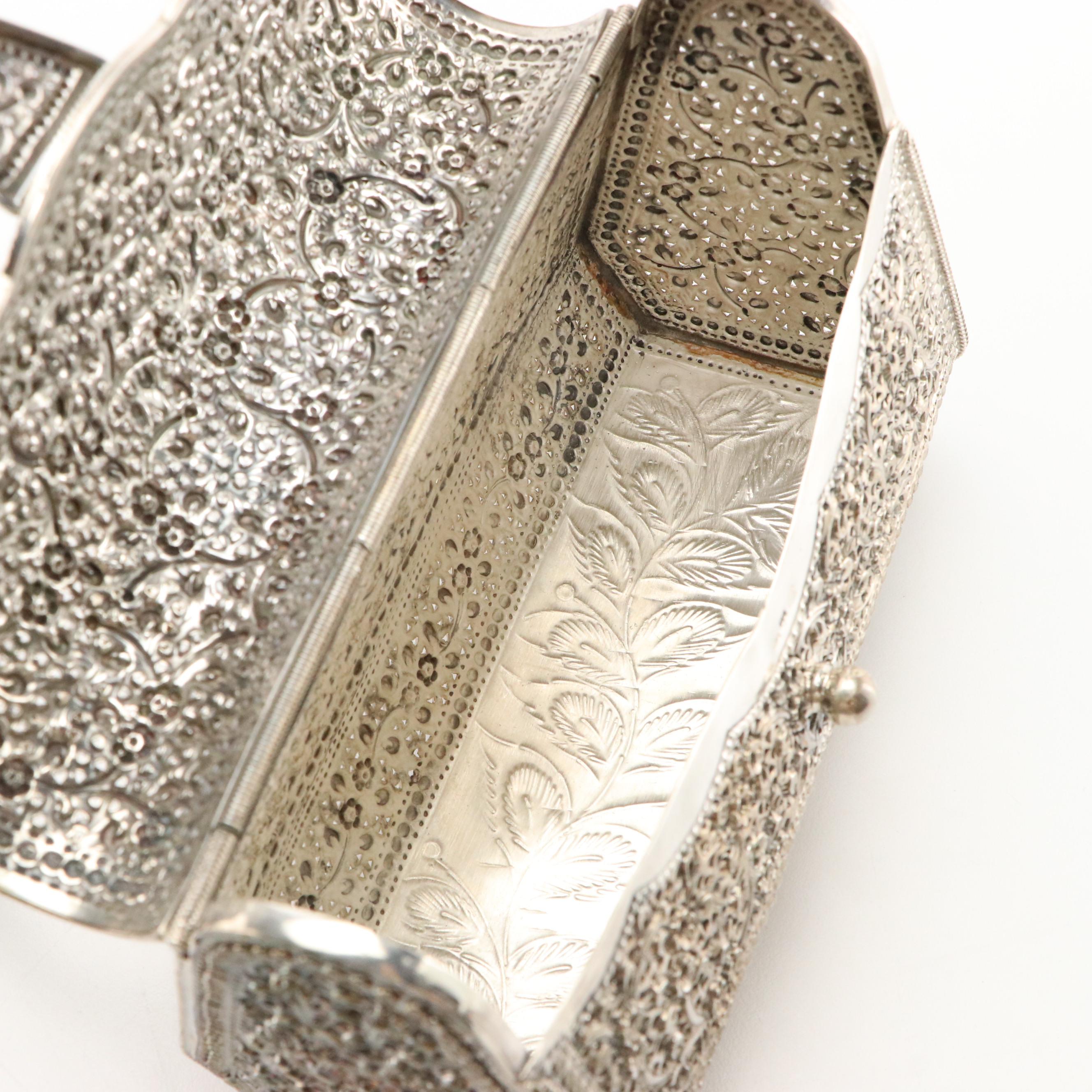 Sterling Silver Repoussé Openwork and Engraved Hinged Box Purse in Florals