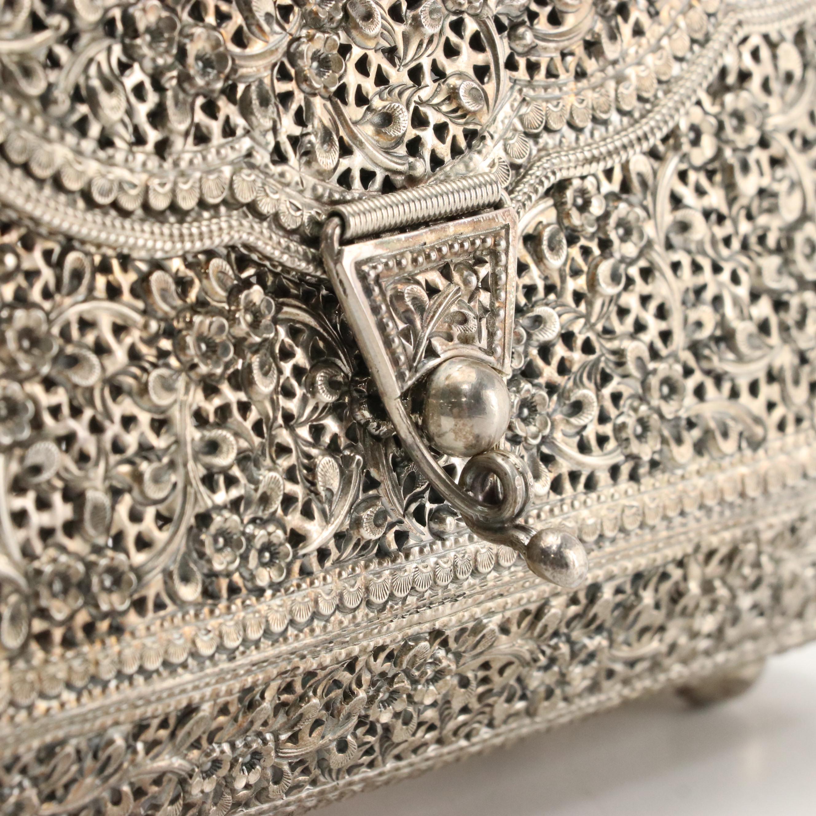 Sterling Silver Repoussé Openwork and Engraved Hinged Box Purse in Florals