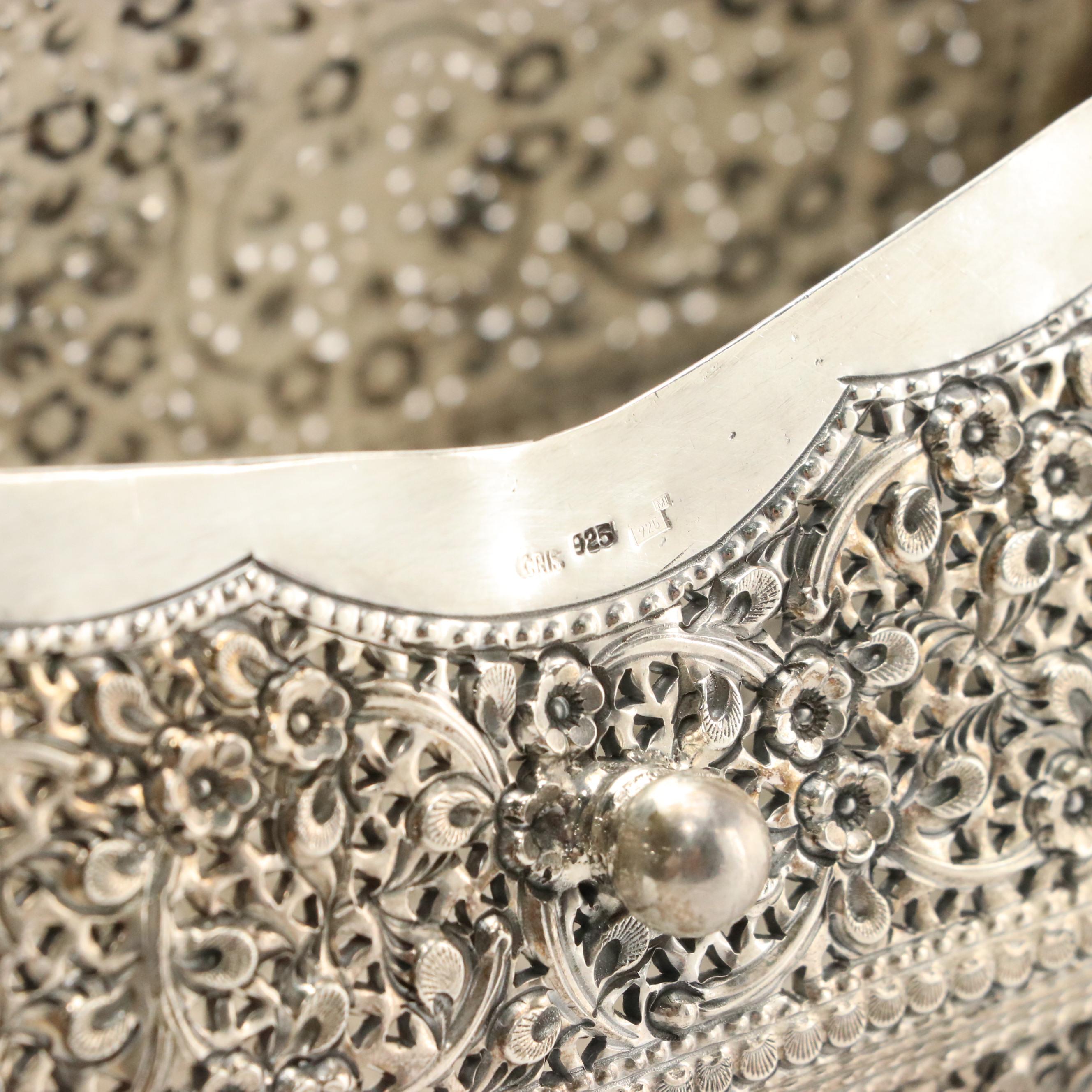 Sterling Silver Repoussé Openwork and Engraved Hinged Box Purse in Florals