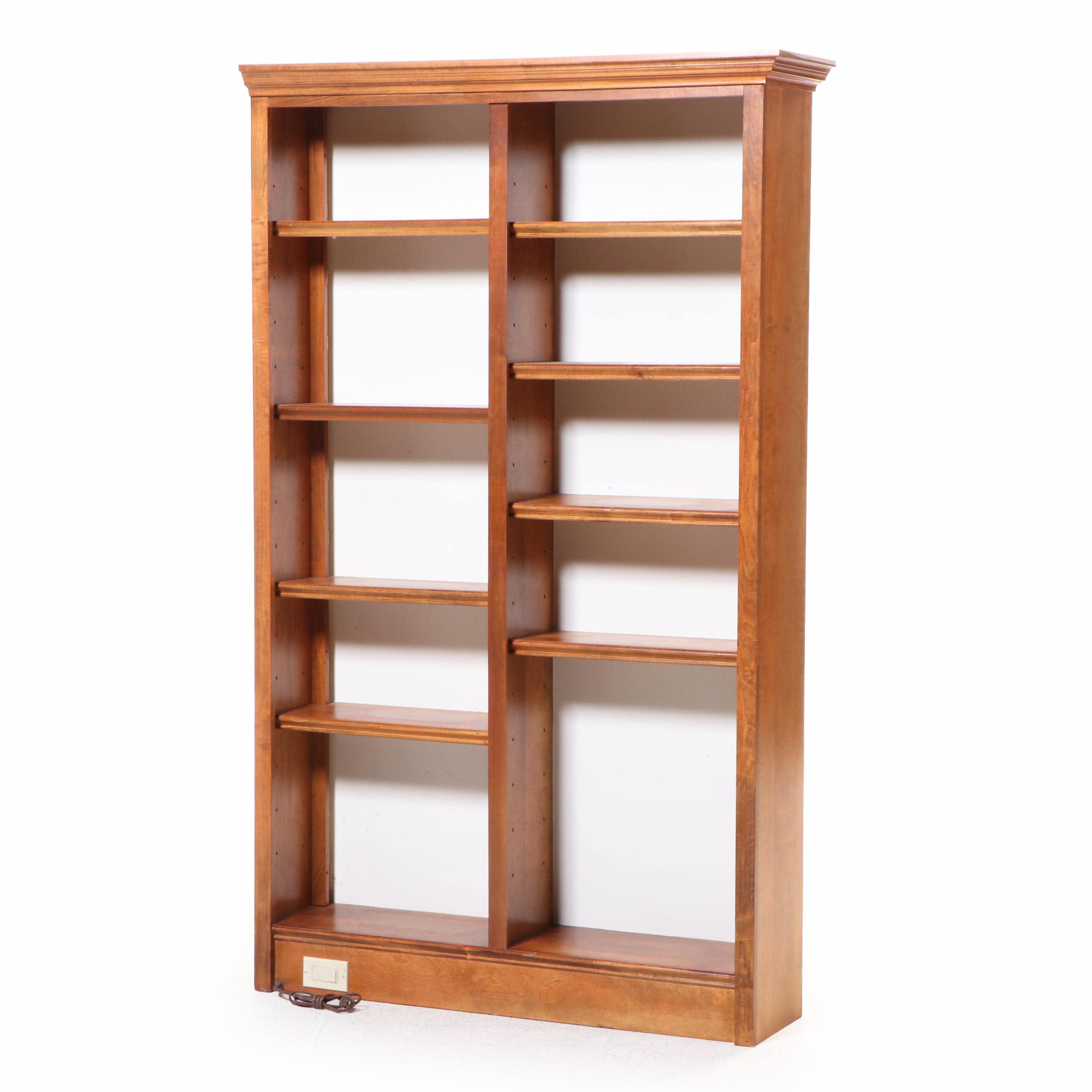 Cherry Wood Bookcase with Adjustable Shelves and Built-In Power Strips