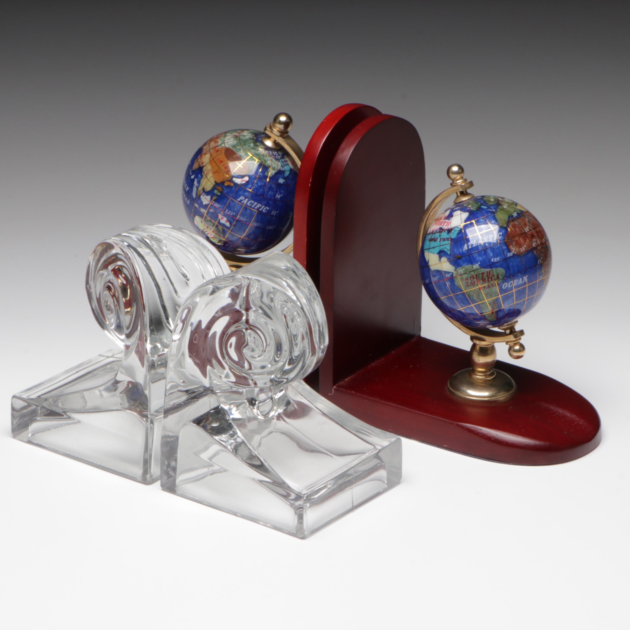 Art Deco Style Glass Scroll Bookends with Gemstone Globe Bookends