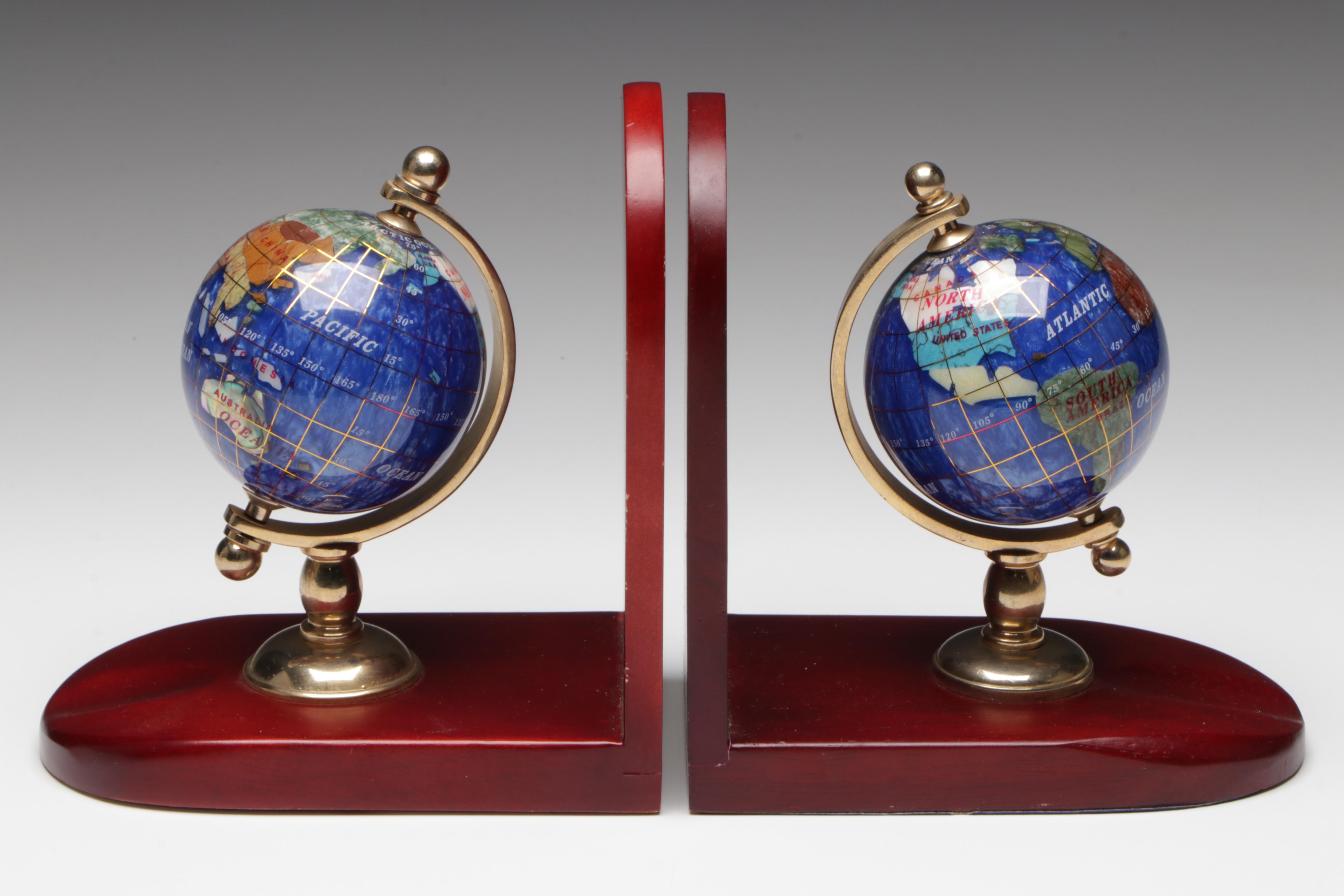 Art Deco Style Glass Scroll Bookends with Gemstone Globe Bookends