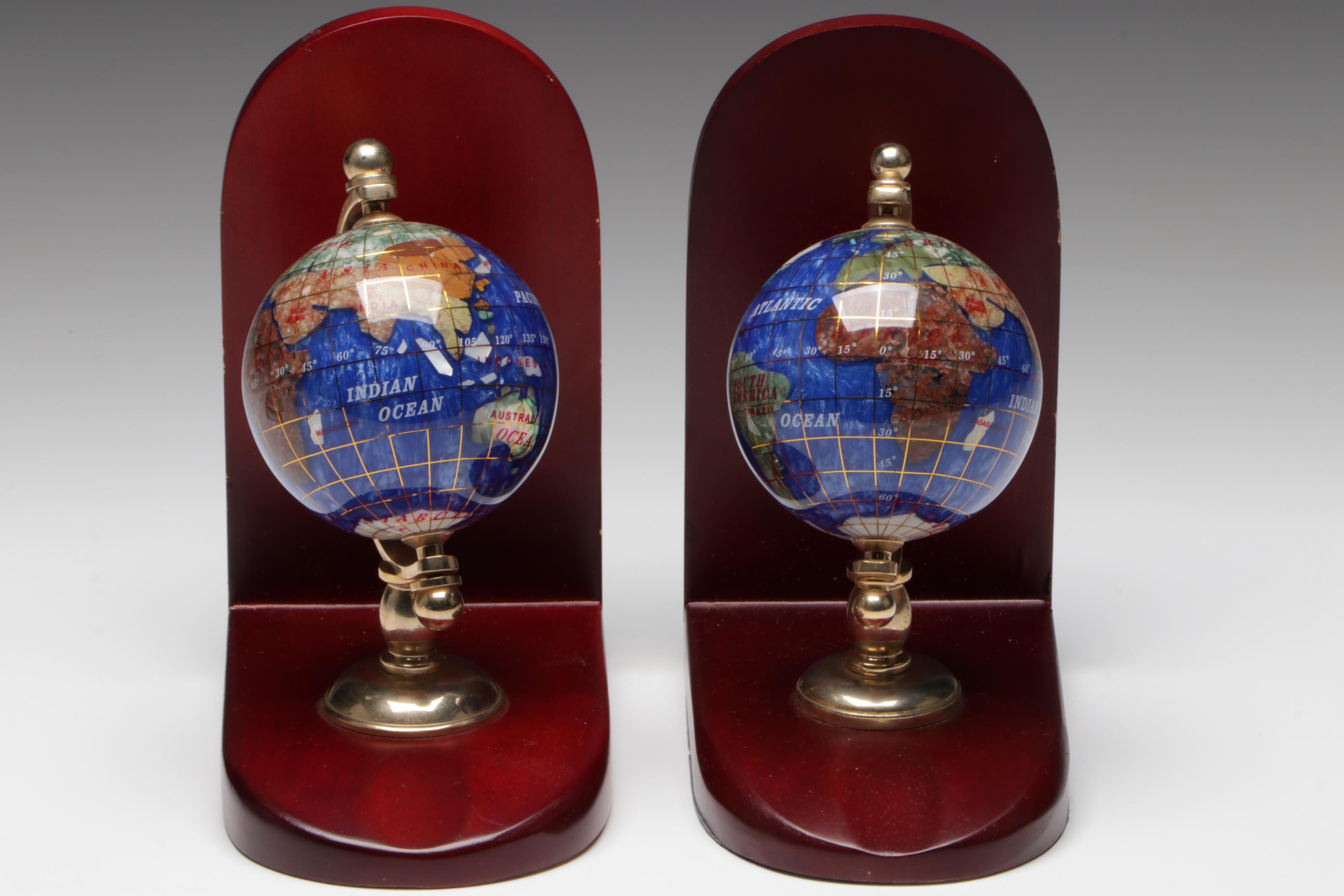 Art Deco Style Glass Scroll Bookends with Gemstone Globe Bookends