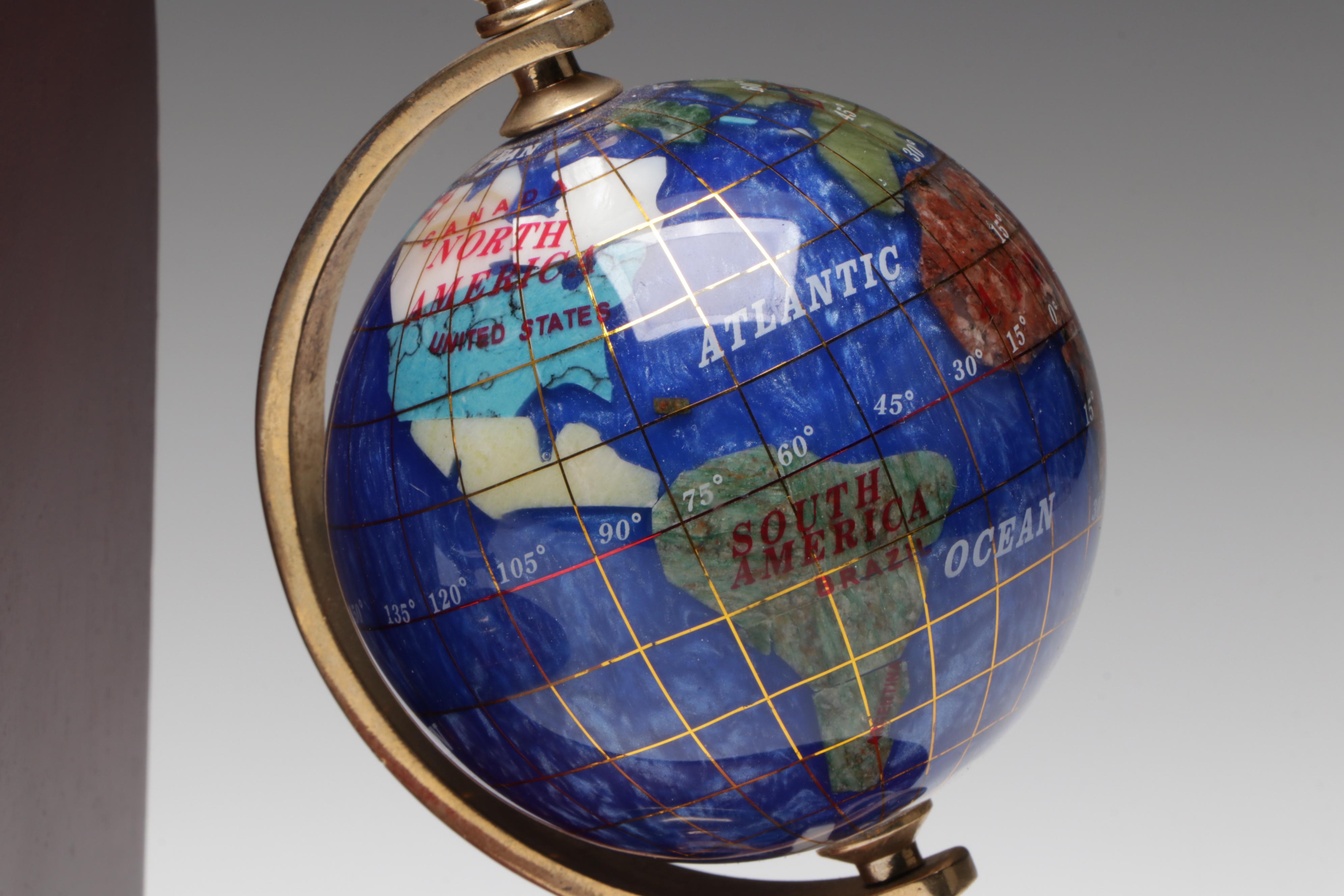 Art Deco Style Glass Scroll Bookends with Gemstone Globe Bookends