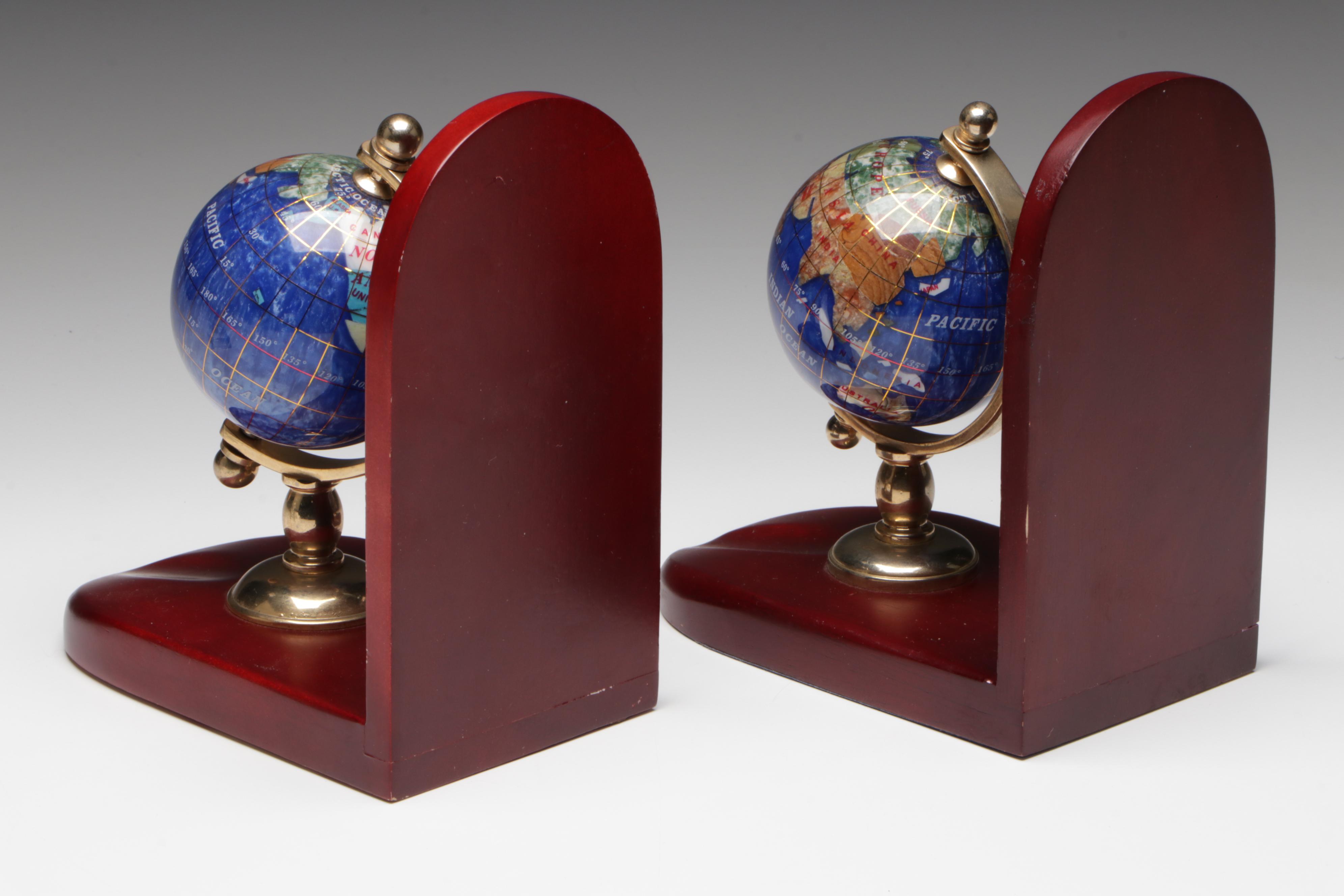 Art Deco Style Glass Scroll Bookends with Gemstone Globe Bookends