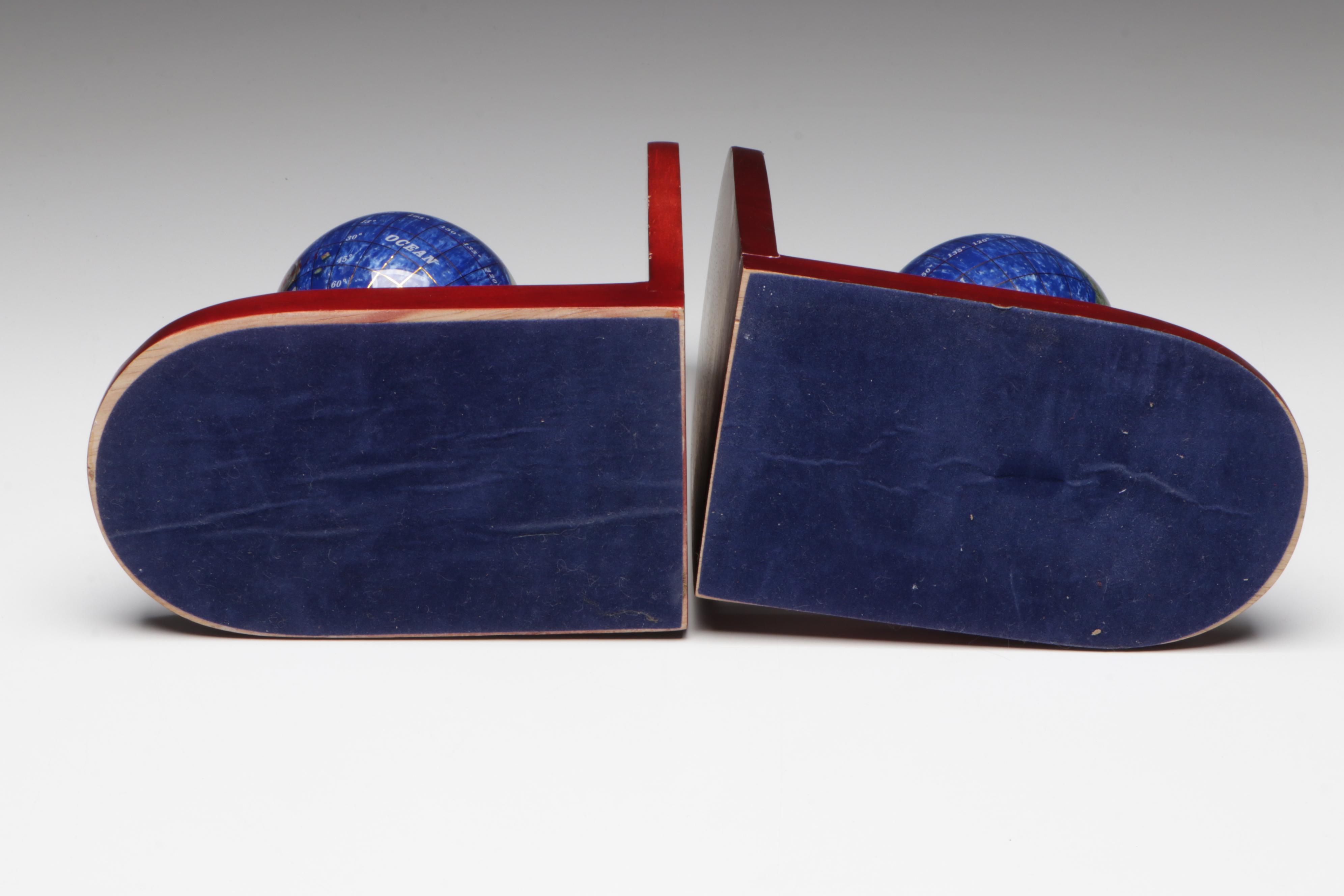 Art Deco Style Glass Scroll Bookends with Gemstone Globe Bookends