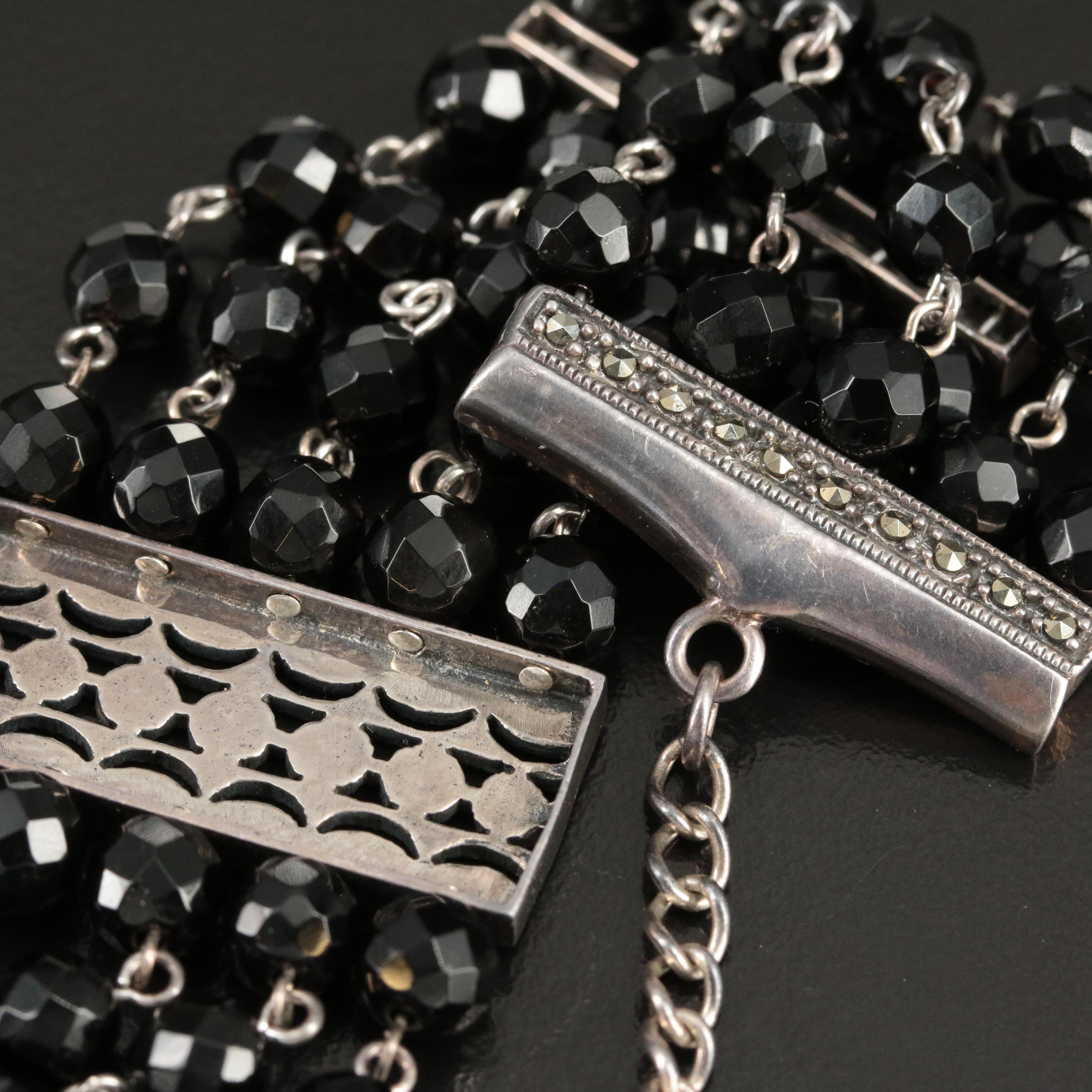 Sterling Glass Bead and Marcasite Bracelet