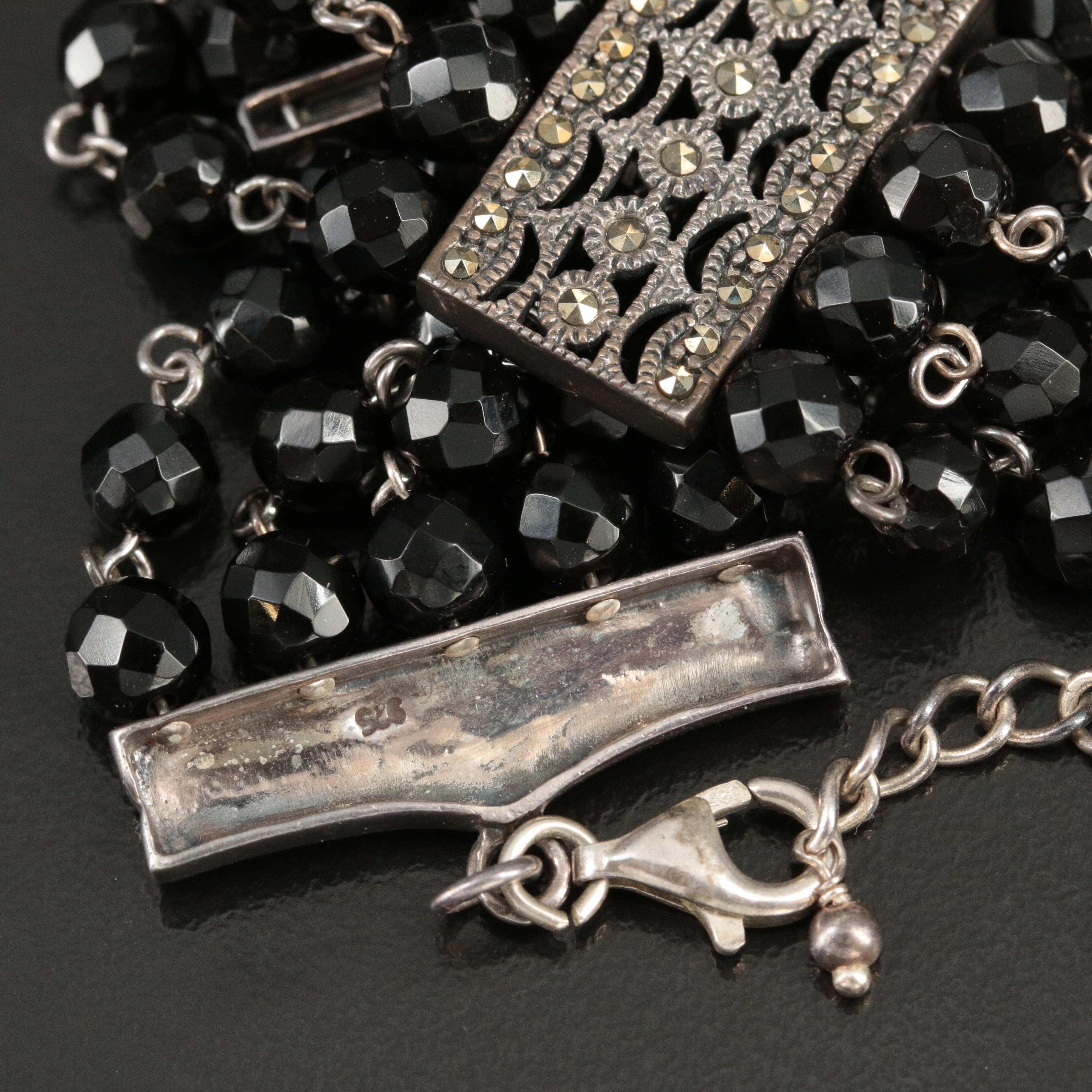 Sterling Glass Bead and Marcasite Bracelet