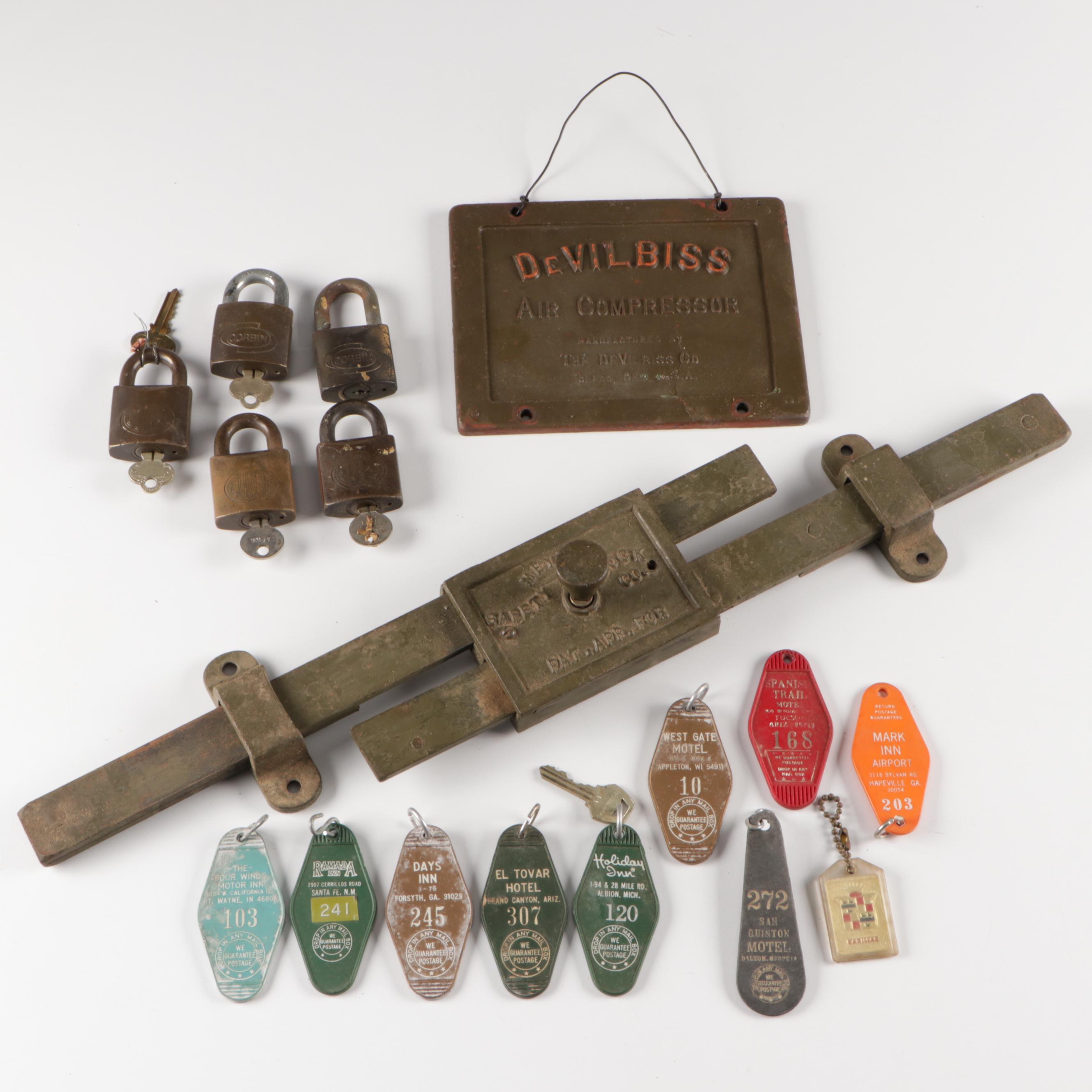 Meyers Safety Lock Co. Cast Iron Bar Lock with Locks, Keys and Sign