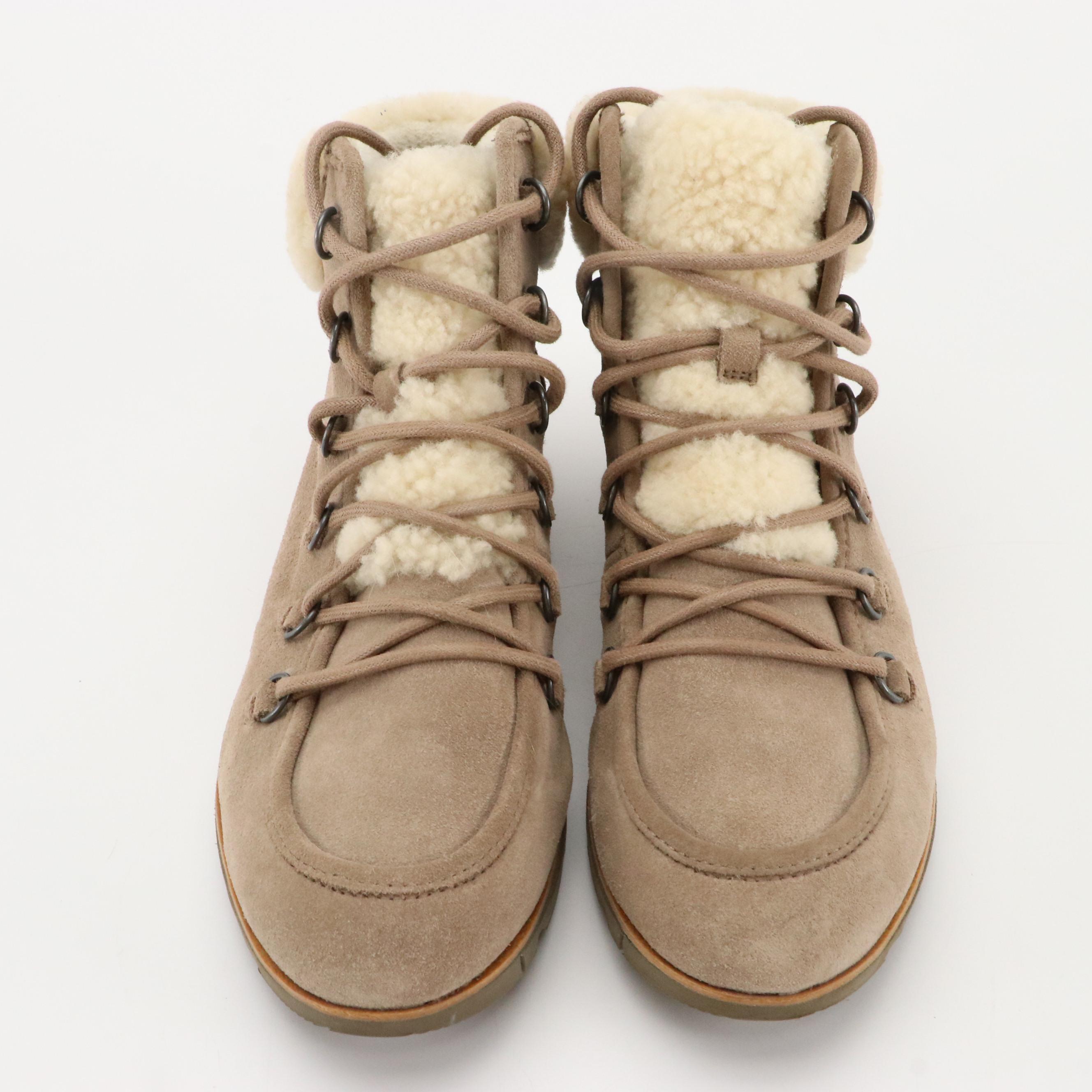 Sorel Harlow Suede and Sherpa LaceUp Booties, Zara Metallic Knit Slip