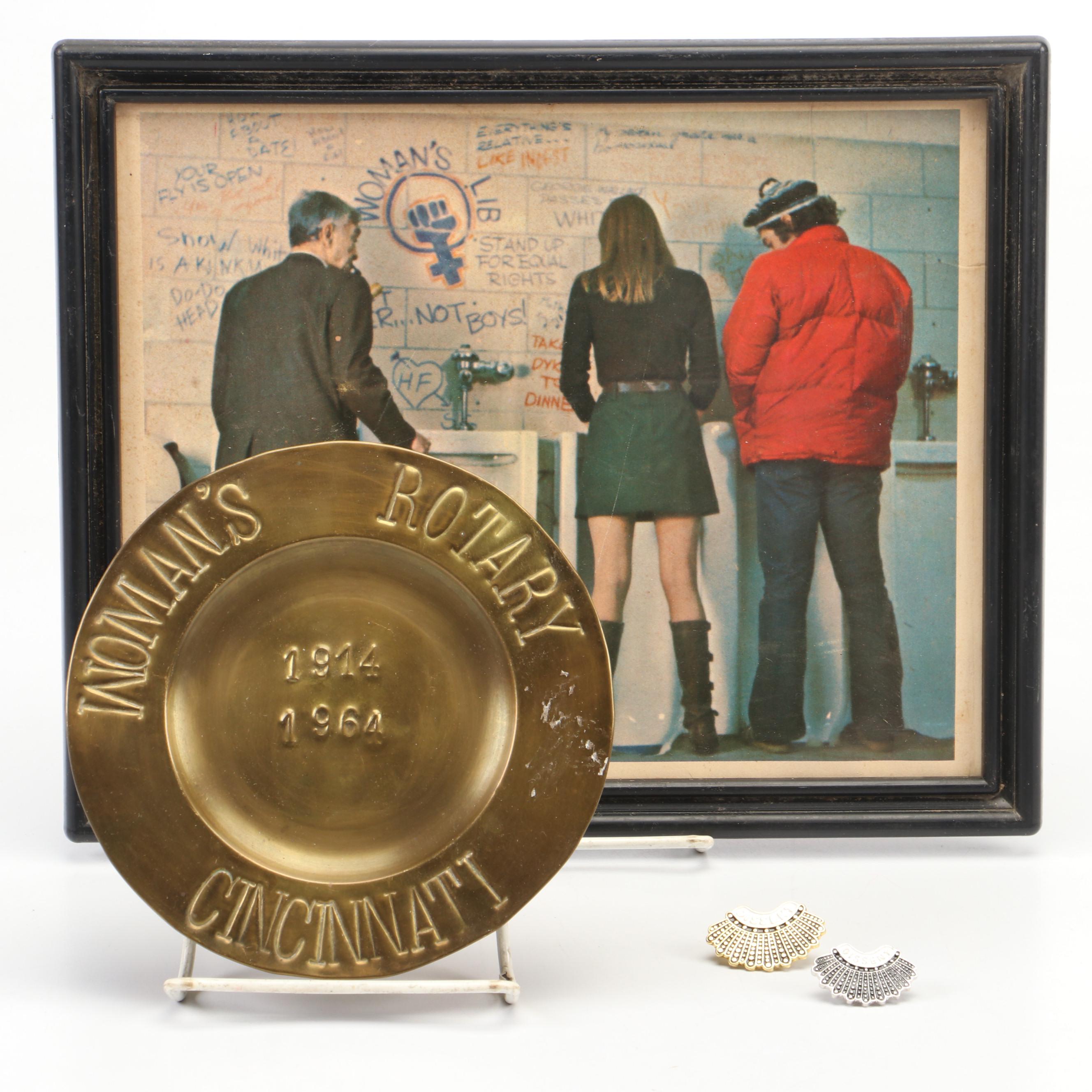 Framed Woman's Liberation Equal Rights Poster and Pins with Woman's Rotary Dish
