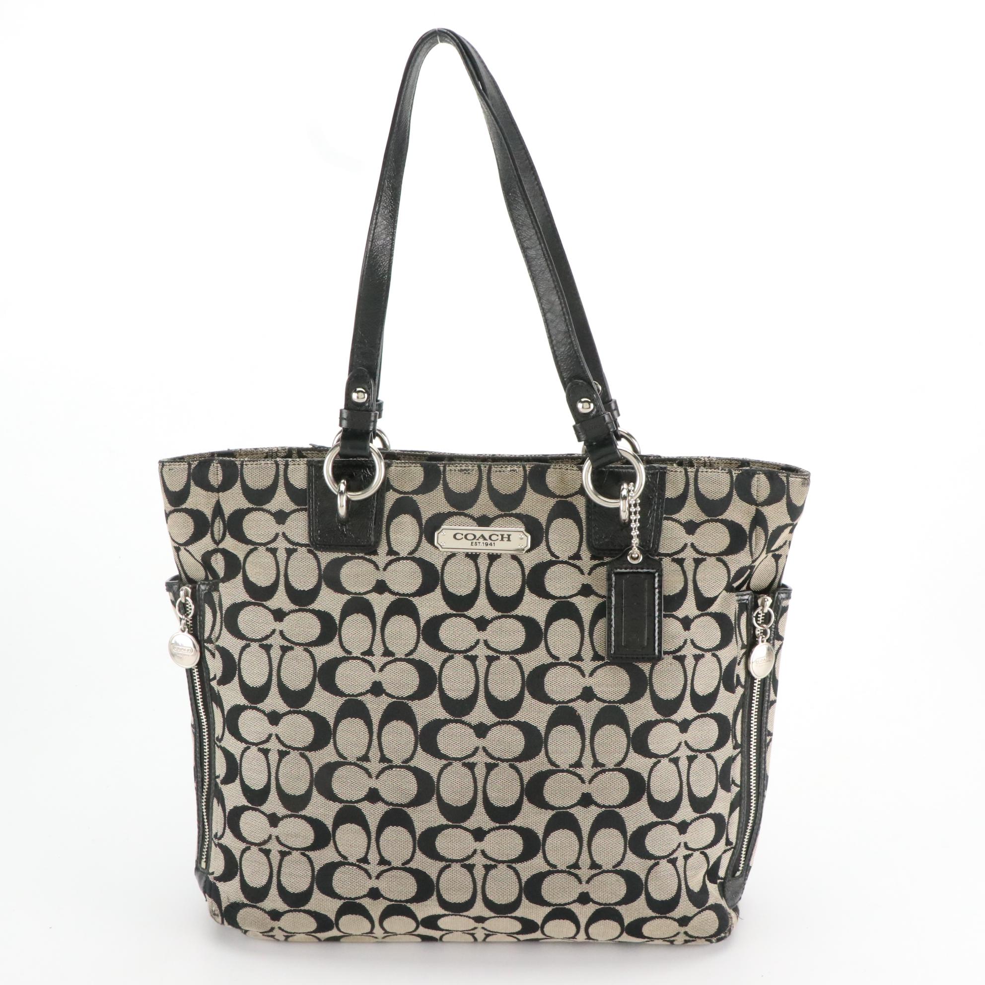Coach Black and Grey Signature Canvas Shoulder Totes