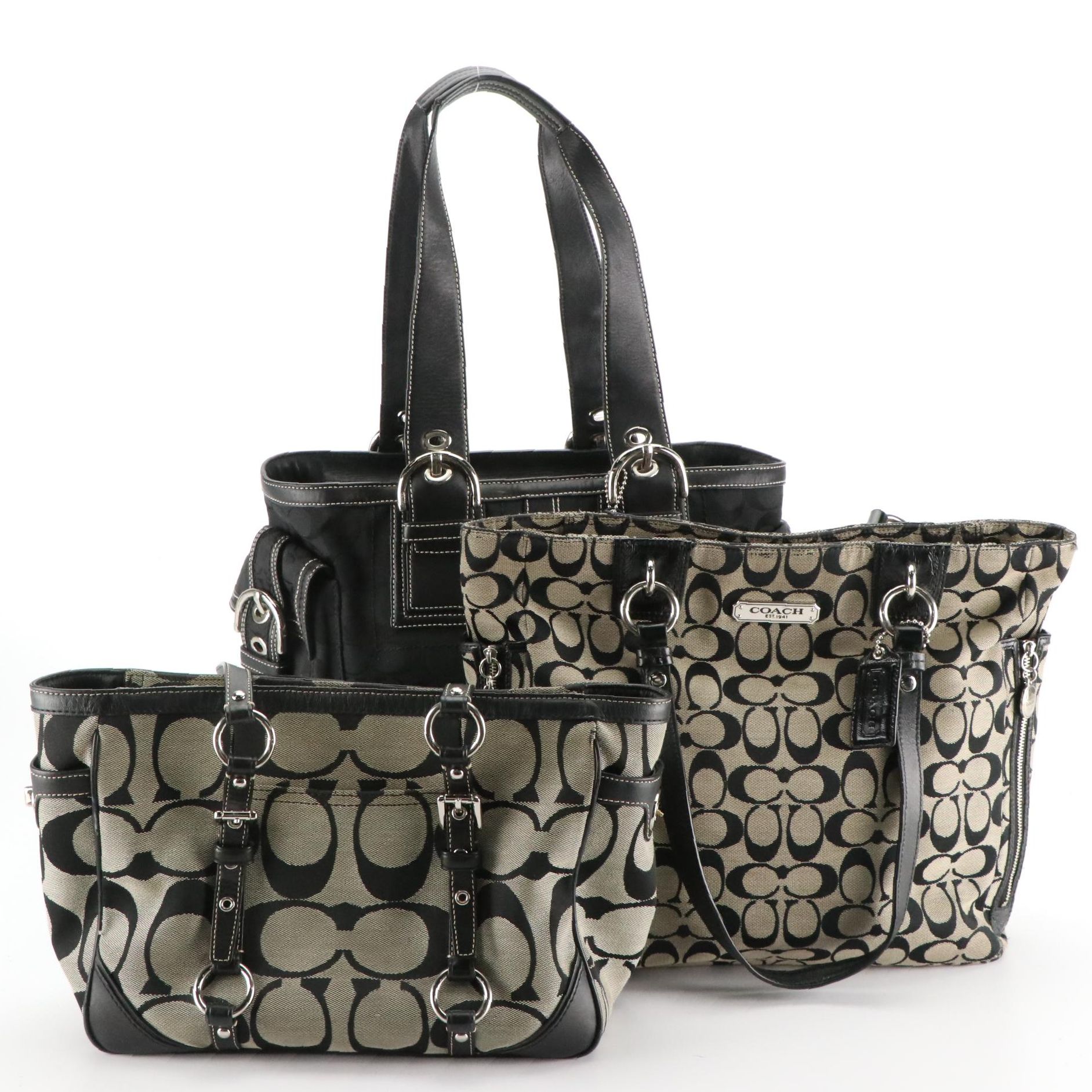 Coach Black and Grey Signature Canvas Shoulder Totes