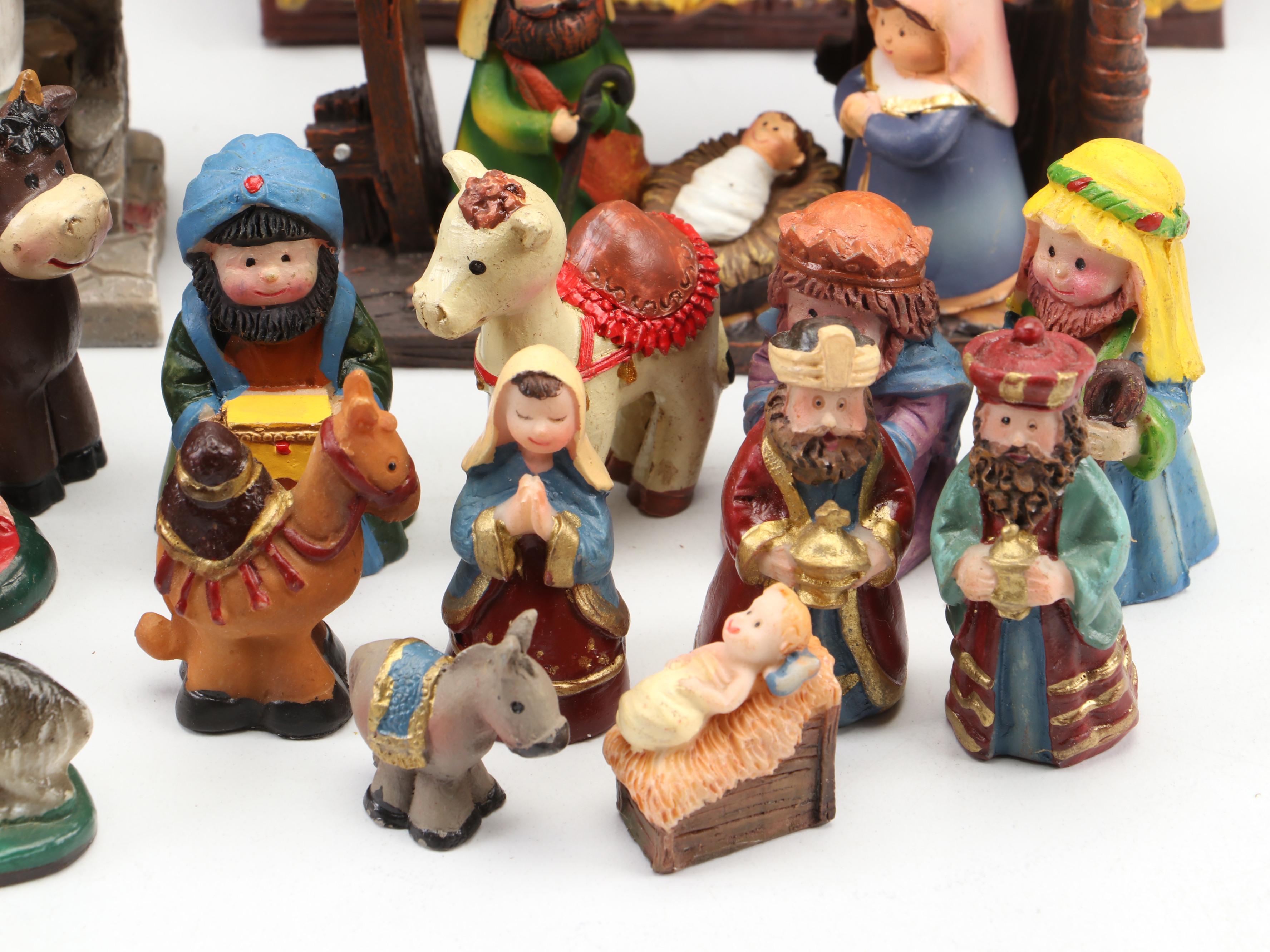 Painted Resin Nativity Figurines with Wood Nativity Scene and More Nativity Sets