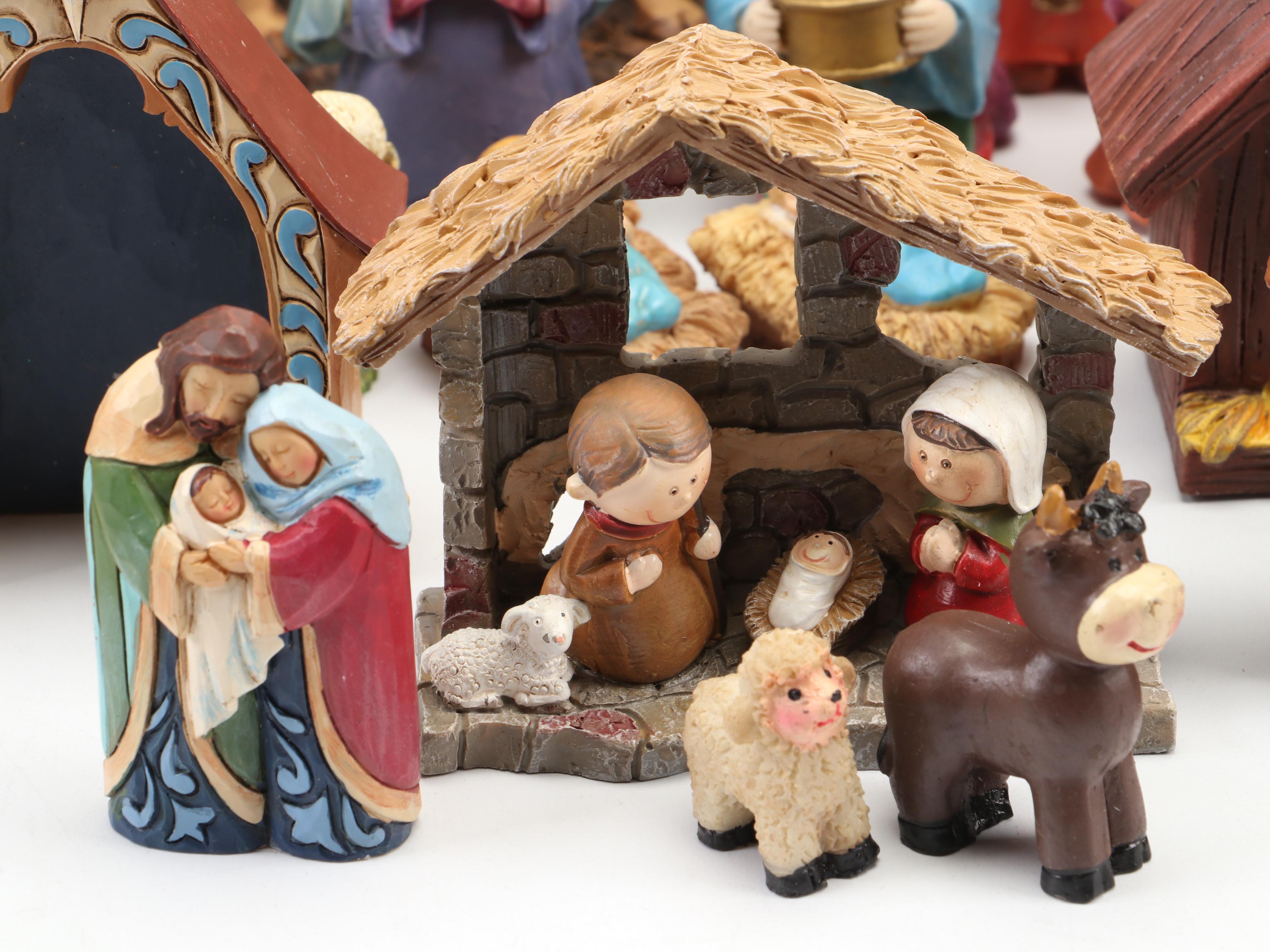 Painted Resin Nativity Figurines with Wood Nativity Scene and More Nativity Sets