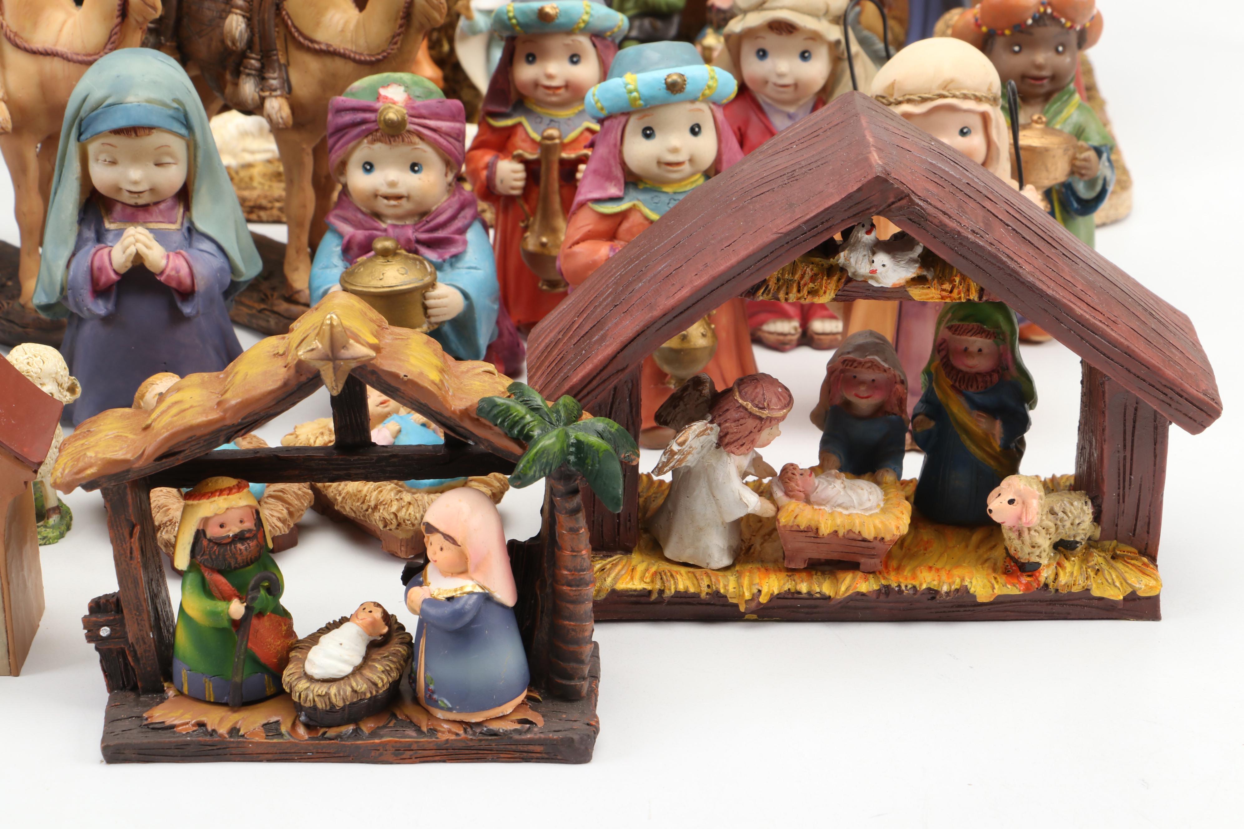 Painted Resin Nativity Figurines with Wood Nativity Scene and More Nativity Sets