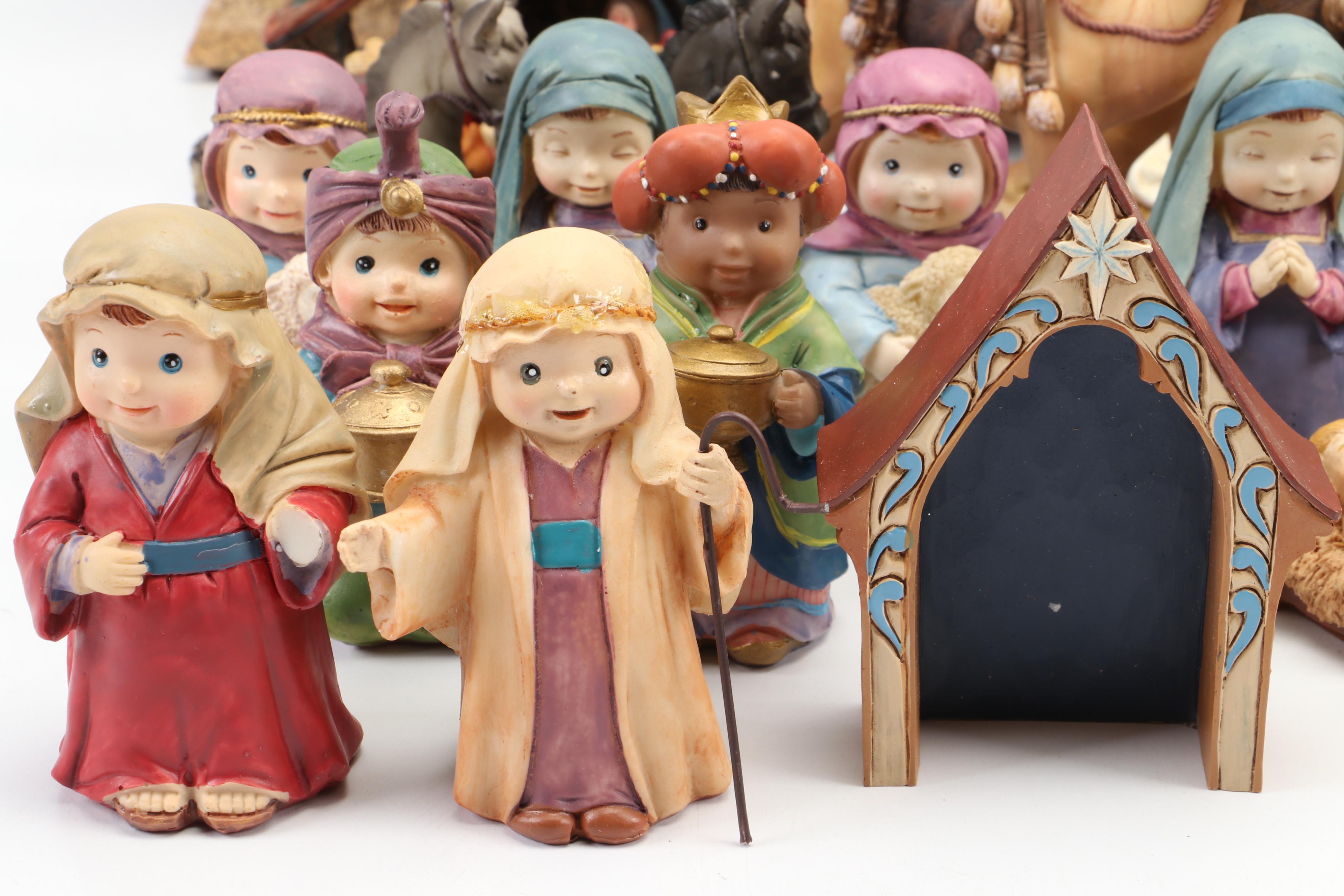Painted Resin Nativity Figurines with Wood Nativity Scene and More Nativity Sets