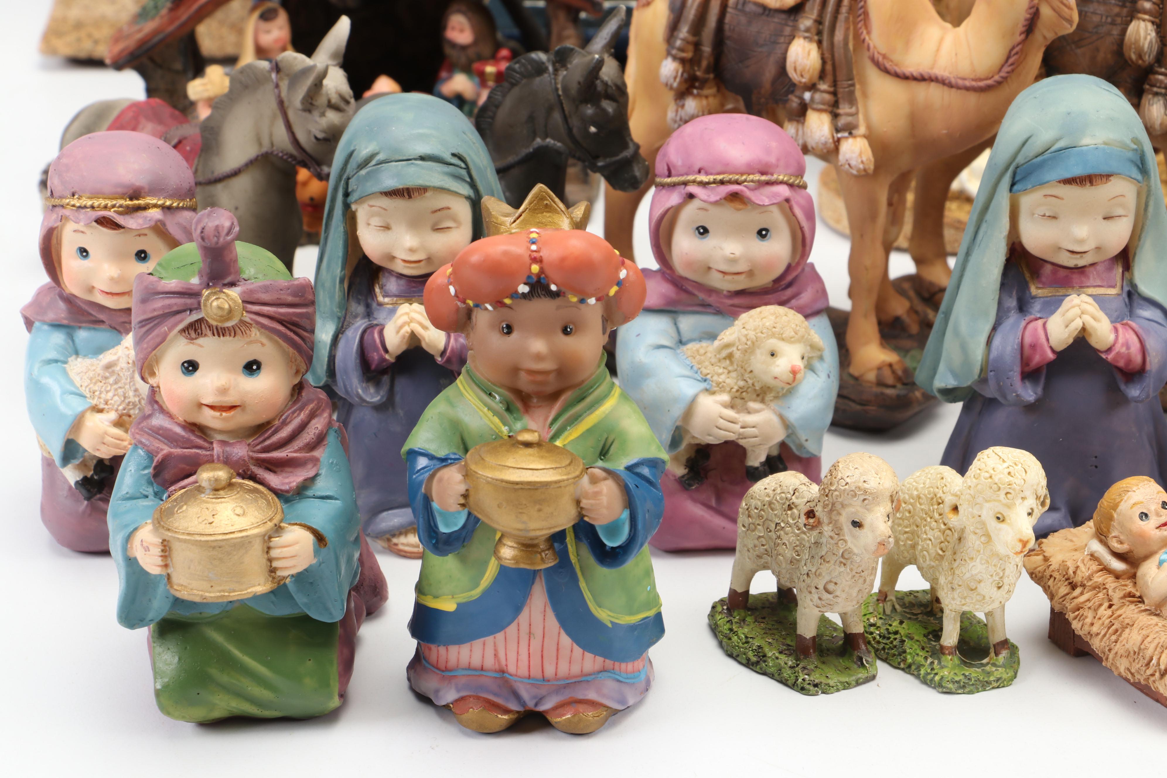Painted Resin Nativity Figurines with Wood Nativity Scene and More Nativity Sets