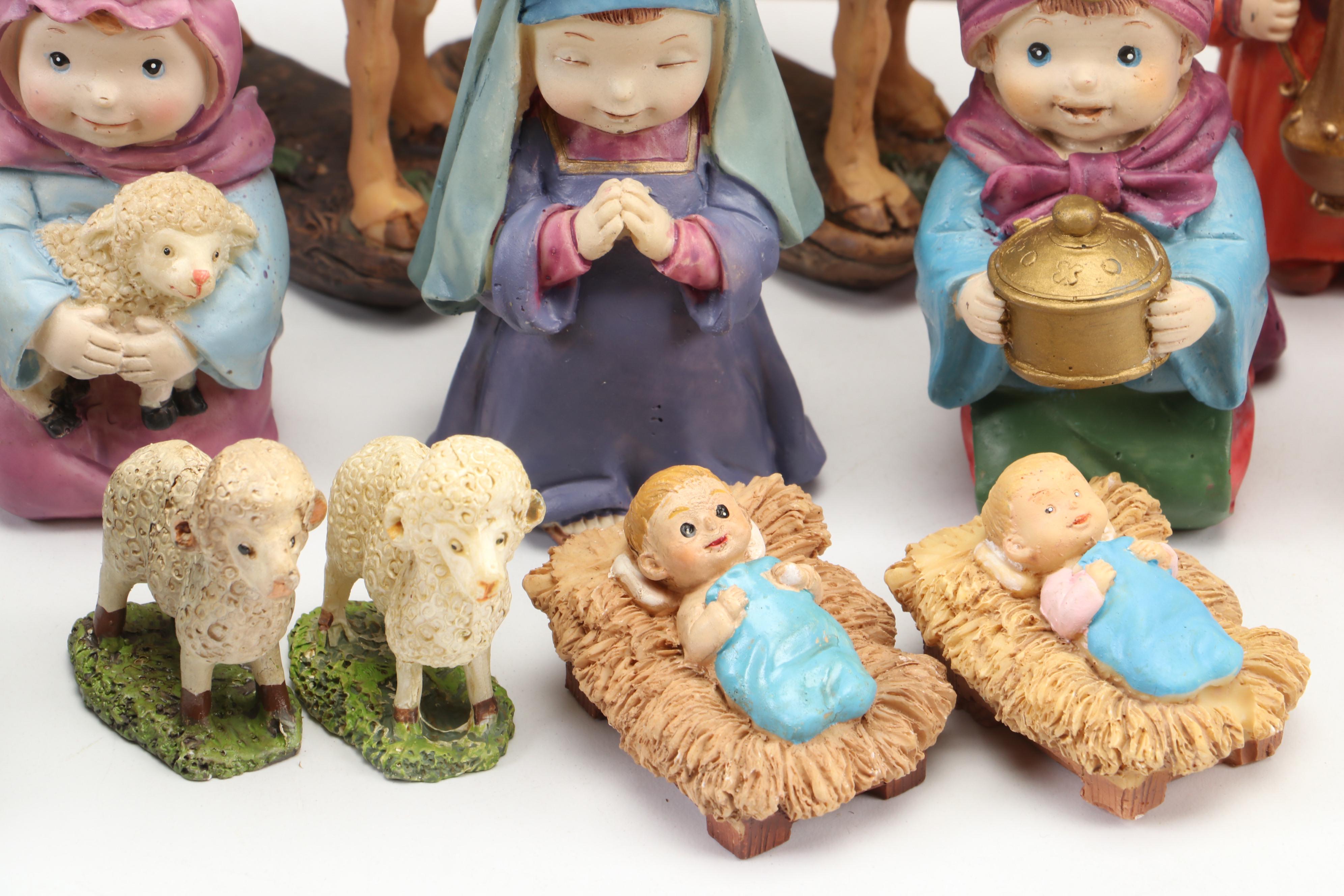 Painted Resin Nativity Figurines with Wood Nativity Scene and More Nativity Sets