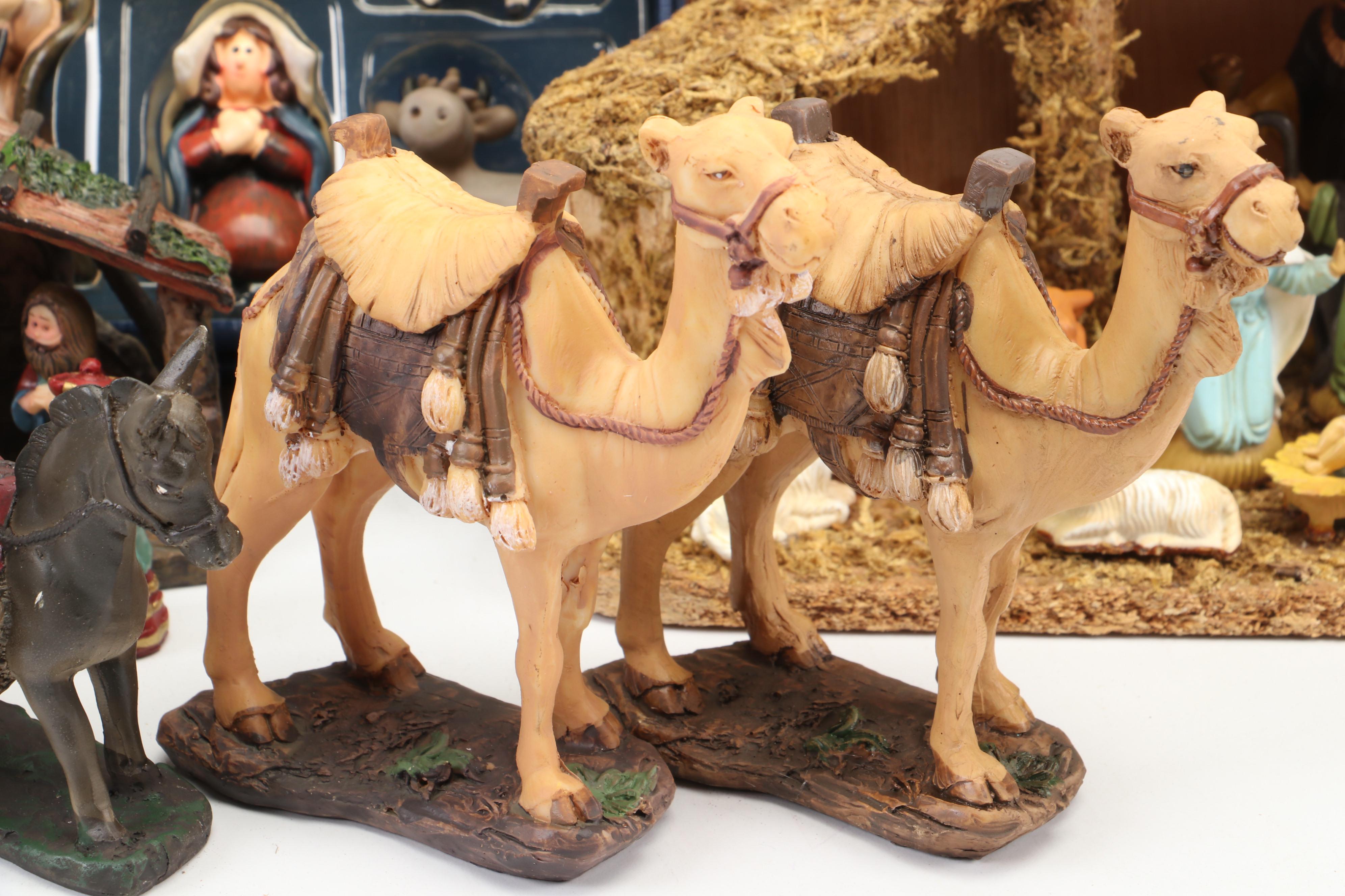 Painted Resin Nativity Figurines with Wood Nativity Scene and More Nativity Sets