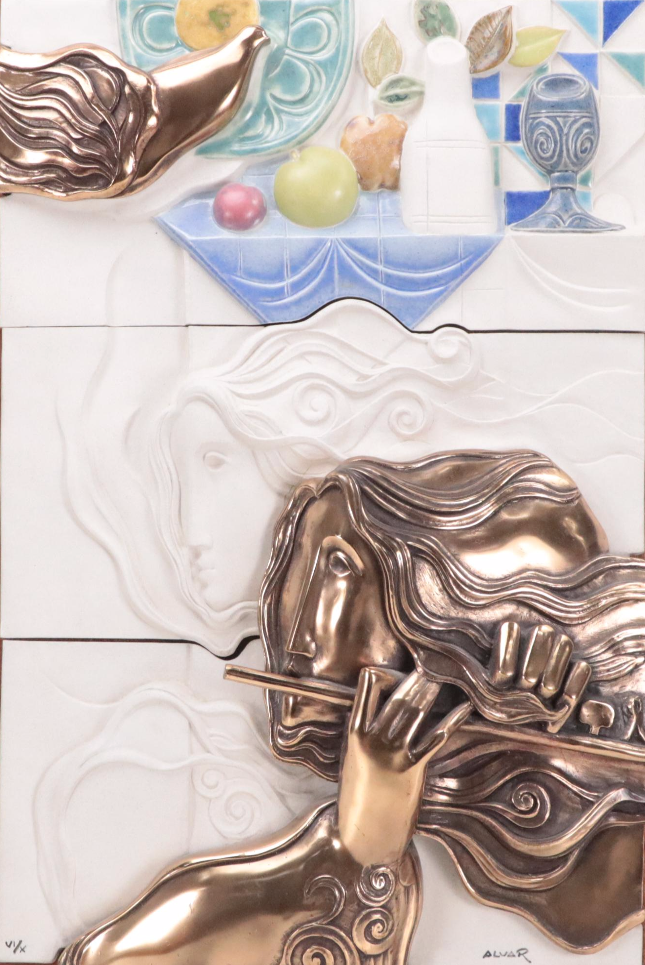 Alvar Suñol Hand-Painted Relief Ceramic and Bronze Mosaic Wall Panel