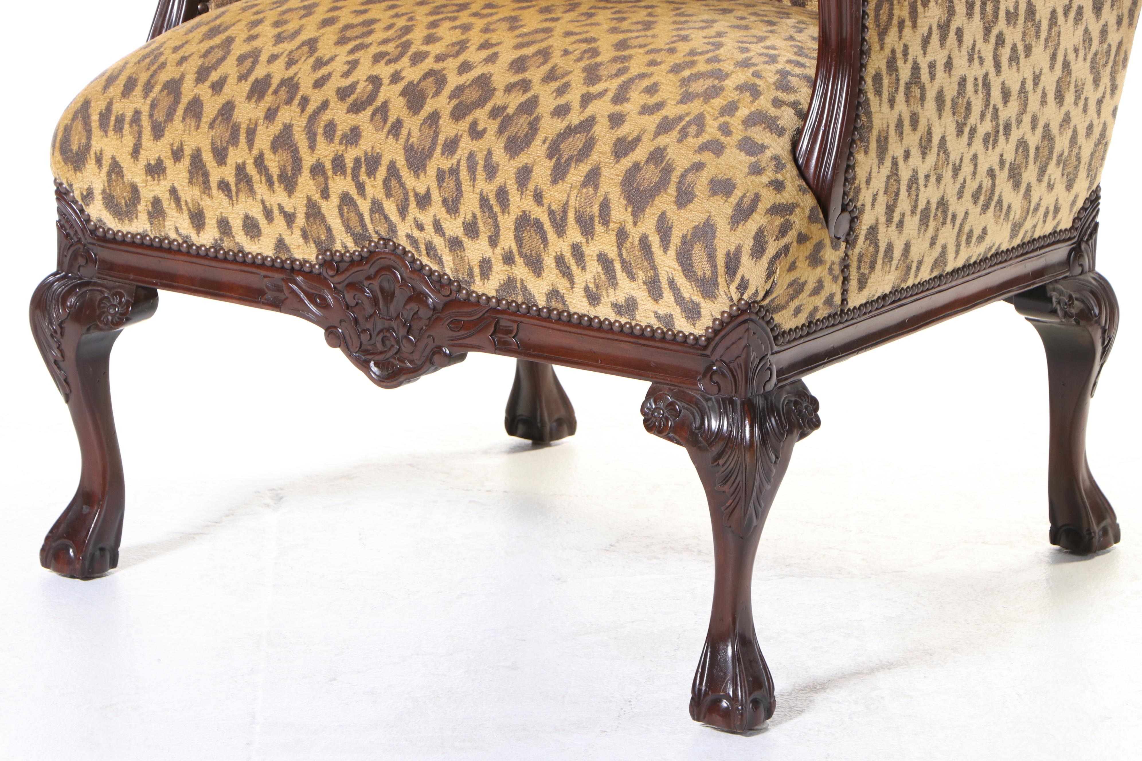 Taylor King Chippendale Style Mahogany and Leopard-Print Wingback Armchair