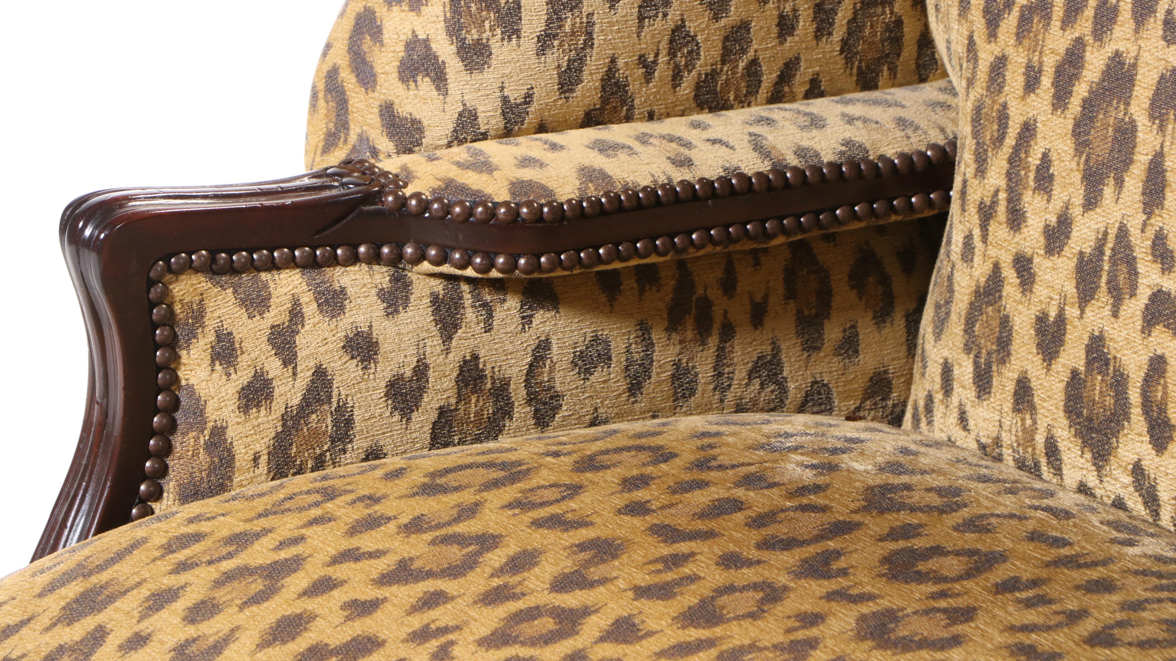 Taylor King Chippendale Style Mahogany and Leopard-Print Wingback Armchair