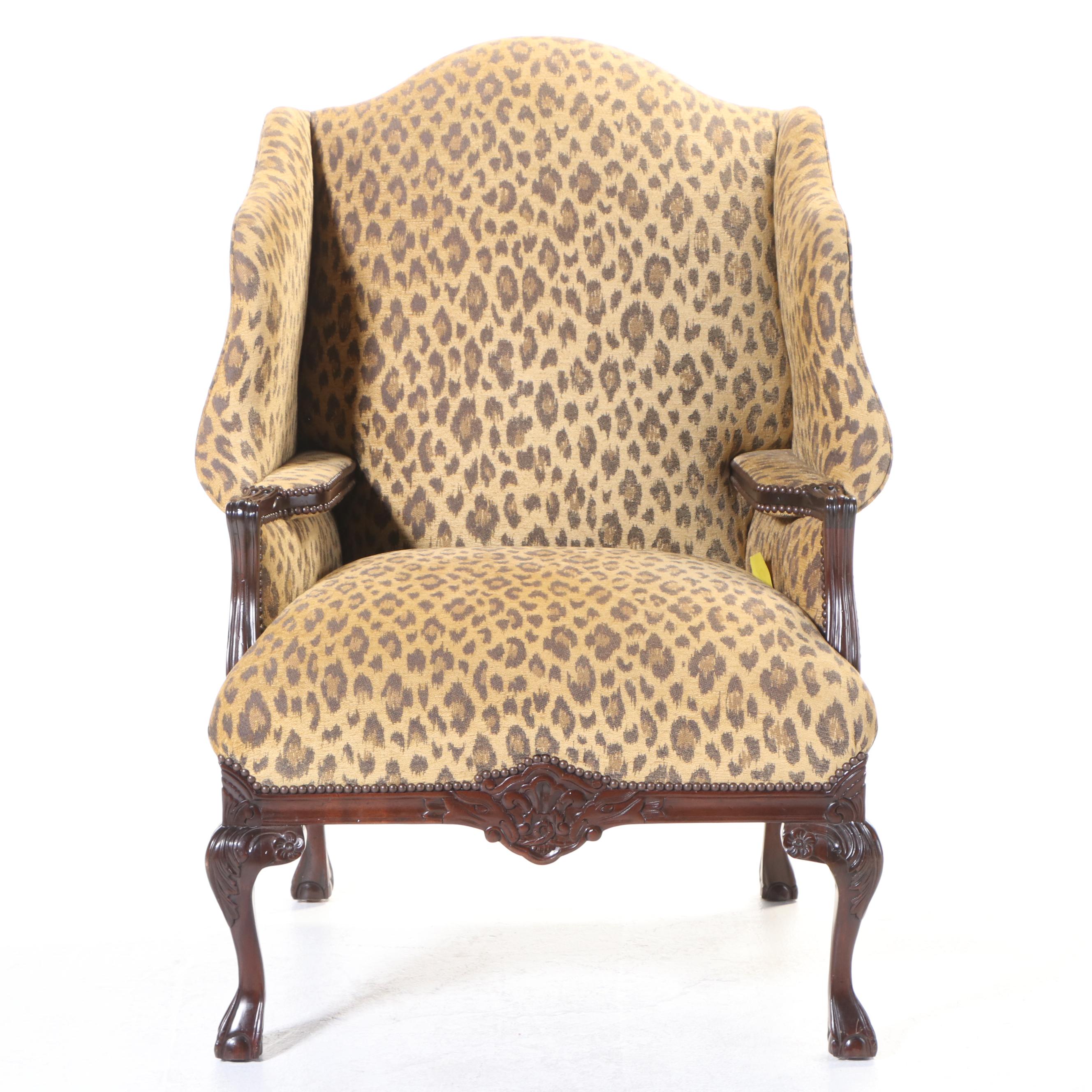 Taylor King Chippendale Style Mahogany and Leopard-Print Wingback Armchair