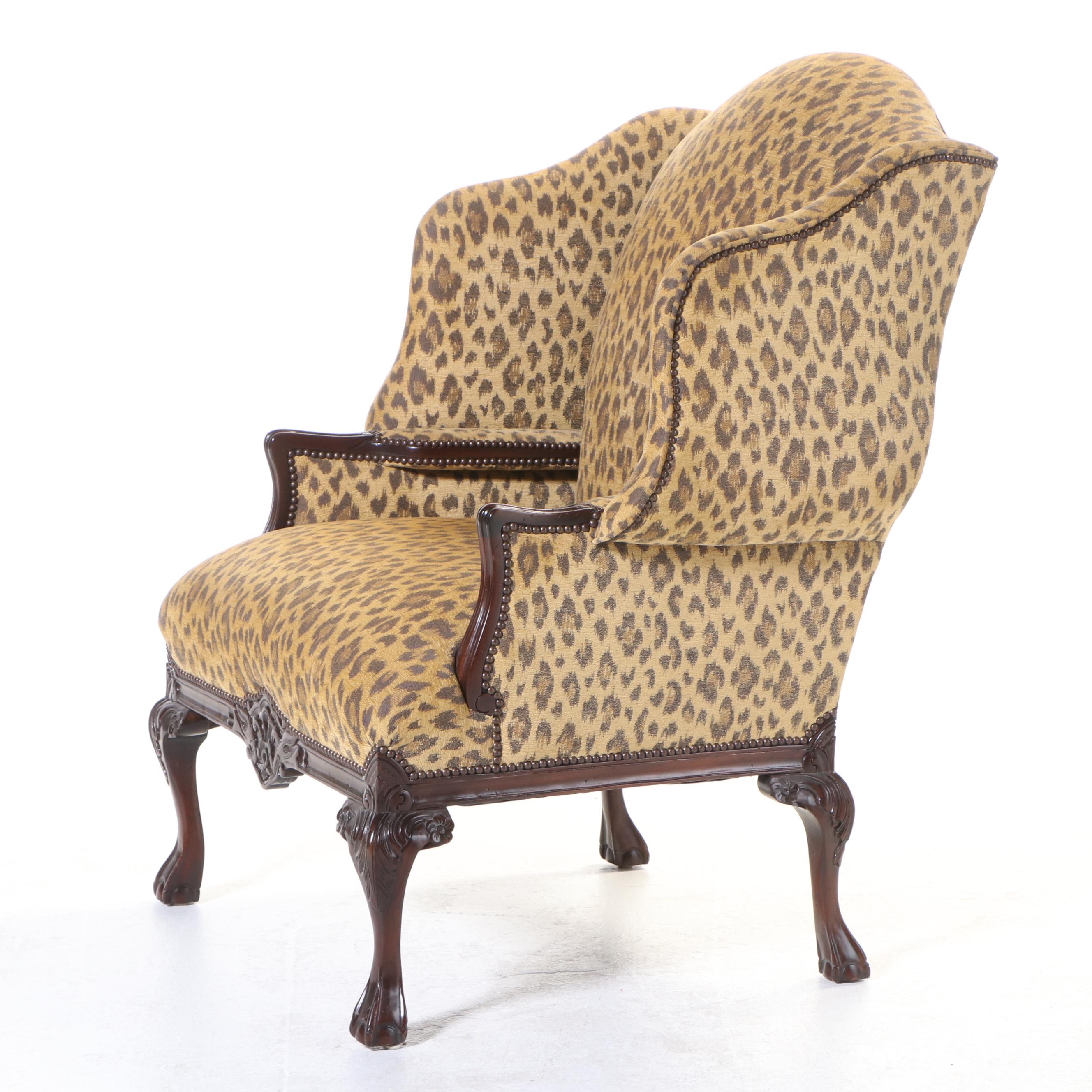 Taylor King Chippendale Style Mahogany and Leopard-Print Wingback Armchair