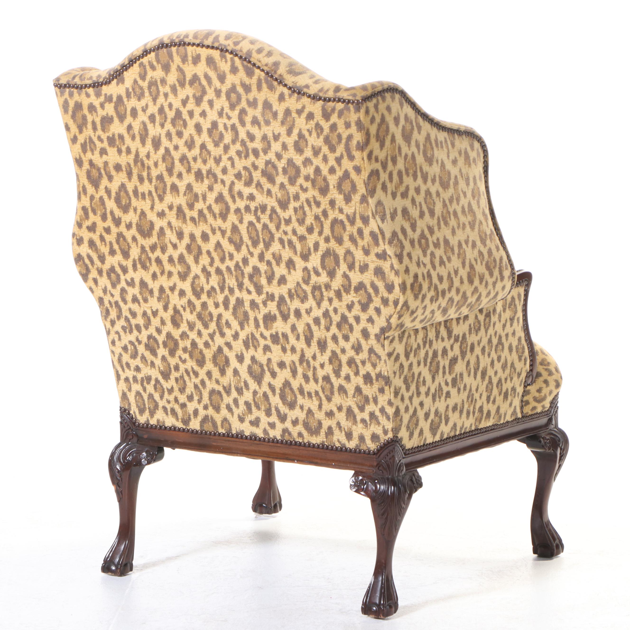Taylor King Chippendale Style Mahogany and Leopard-Print Wingback Armchair