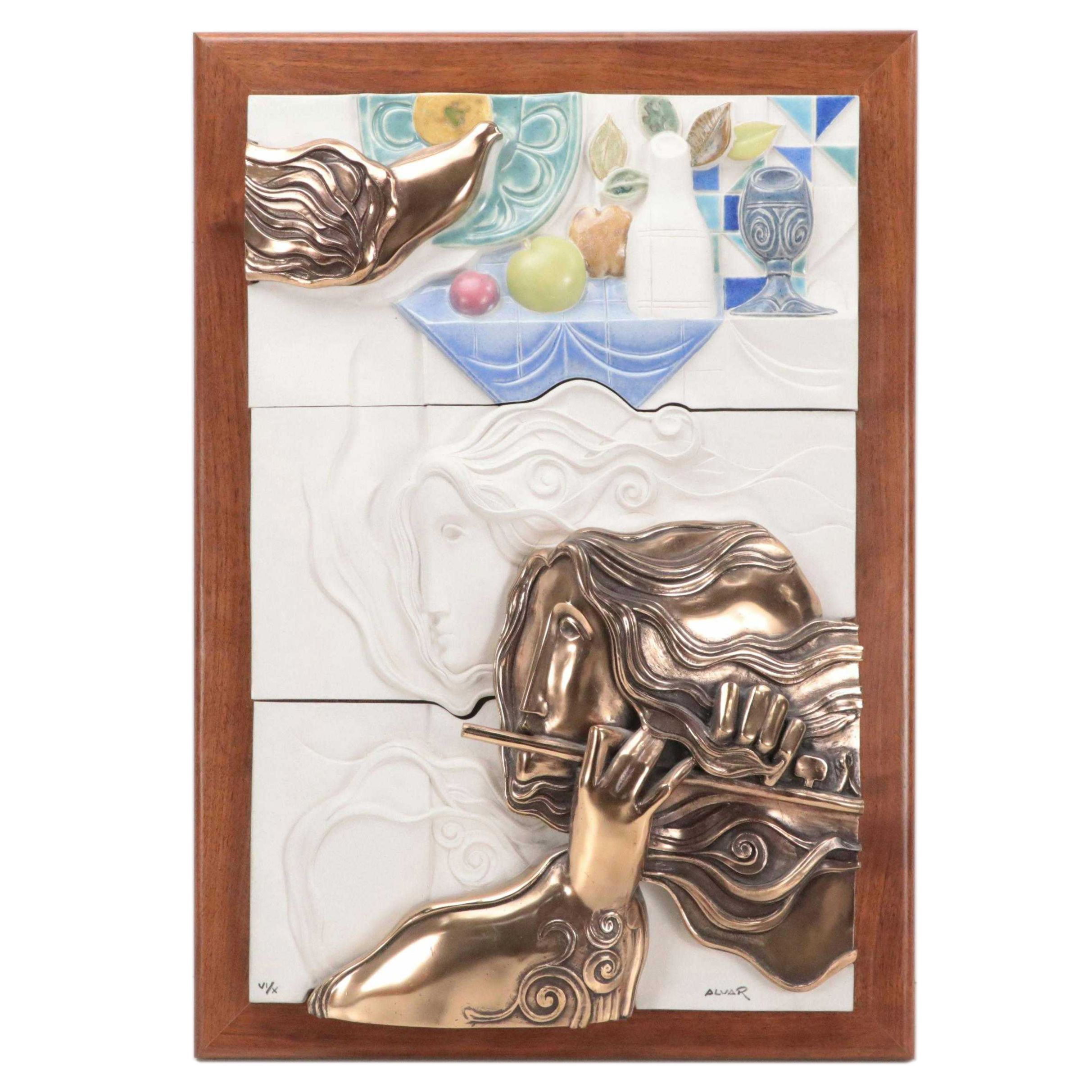 Alvar Suñol Hand-Painted Relief Ceramic and Bronze Mosaic Wall Panel