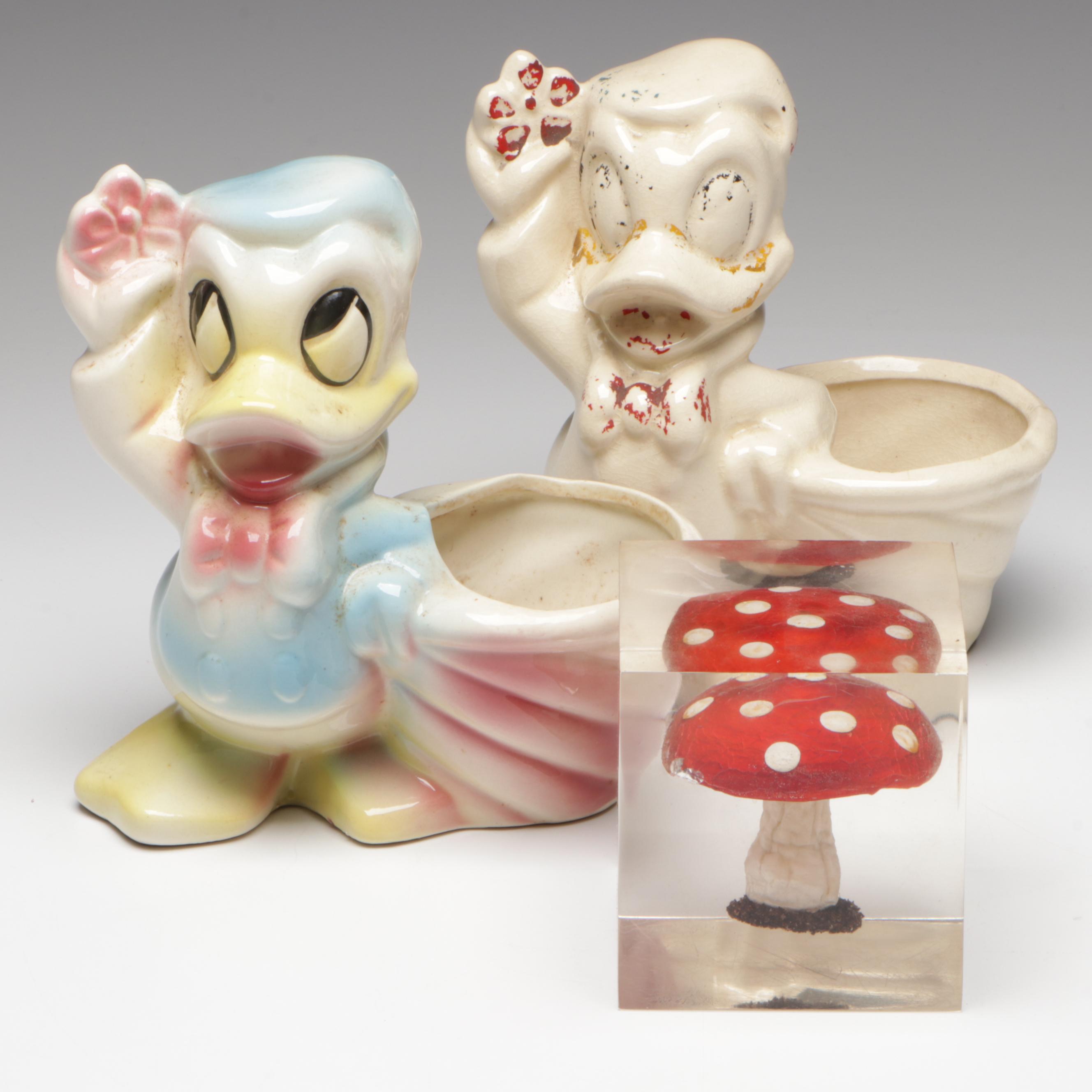 Disney Donald Duck Figural Ceramic Planters with Acrylic Toadstool Paperweight