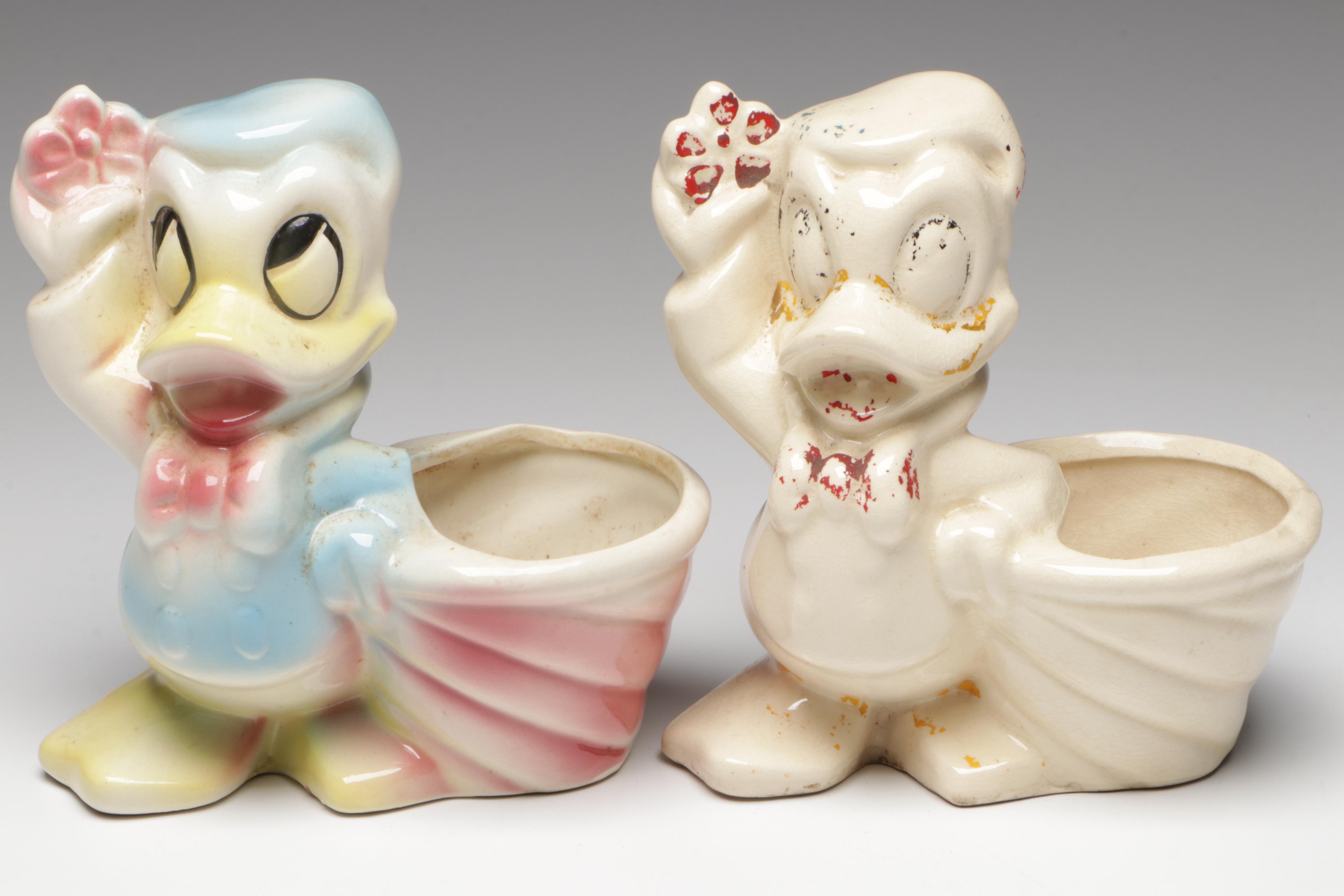 Disney Donald Duck Figural Ceramic Planters with Acrylic Toadstool Paperweight