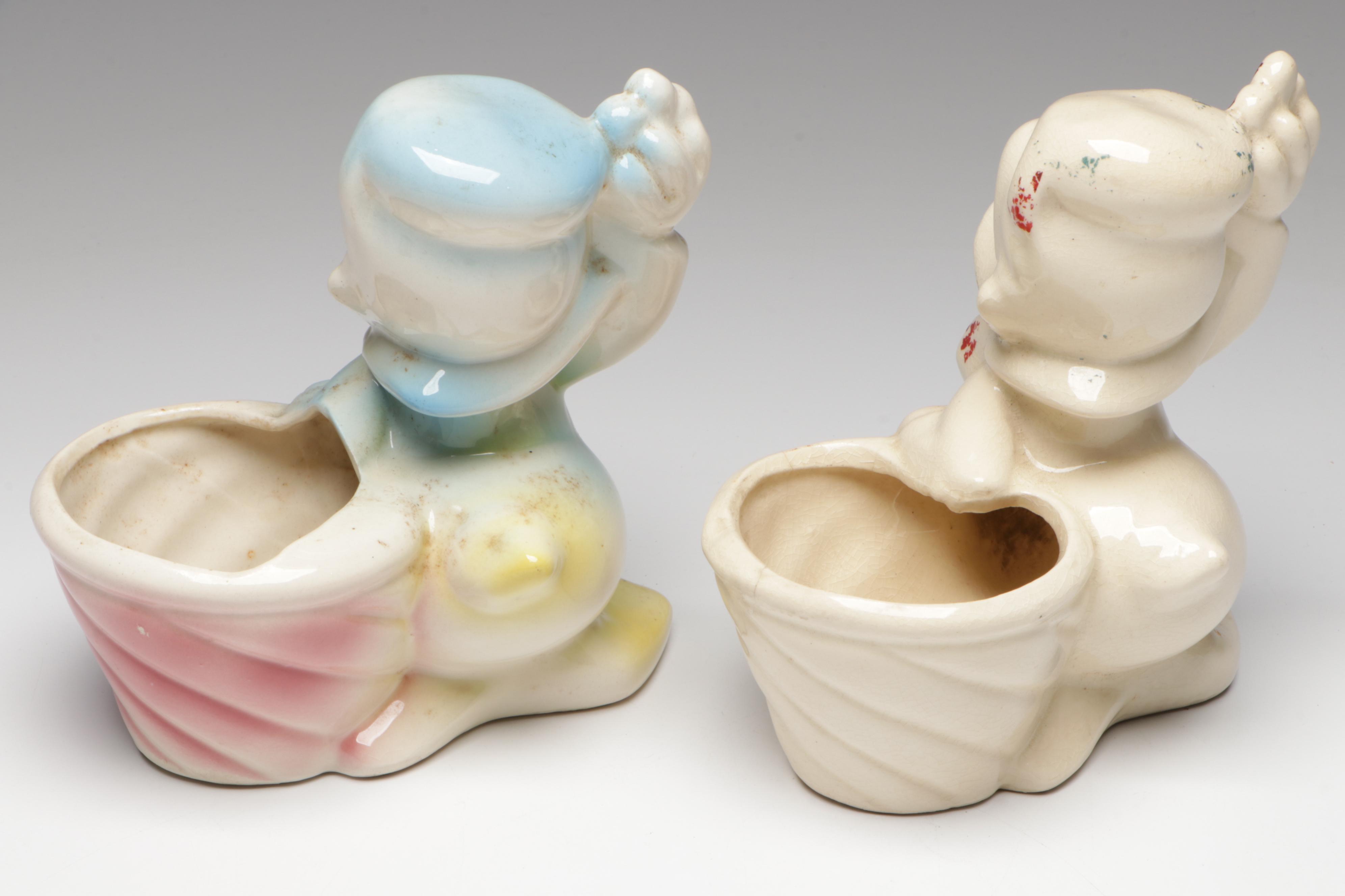 Disney Donald Duck Figural Ceramic Planters with Acrylic Toadstool Paperweight