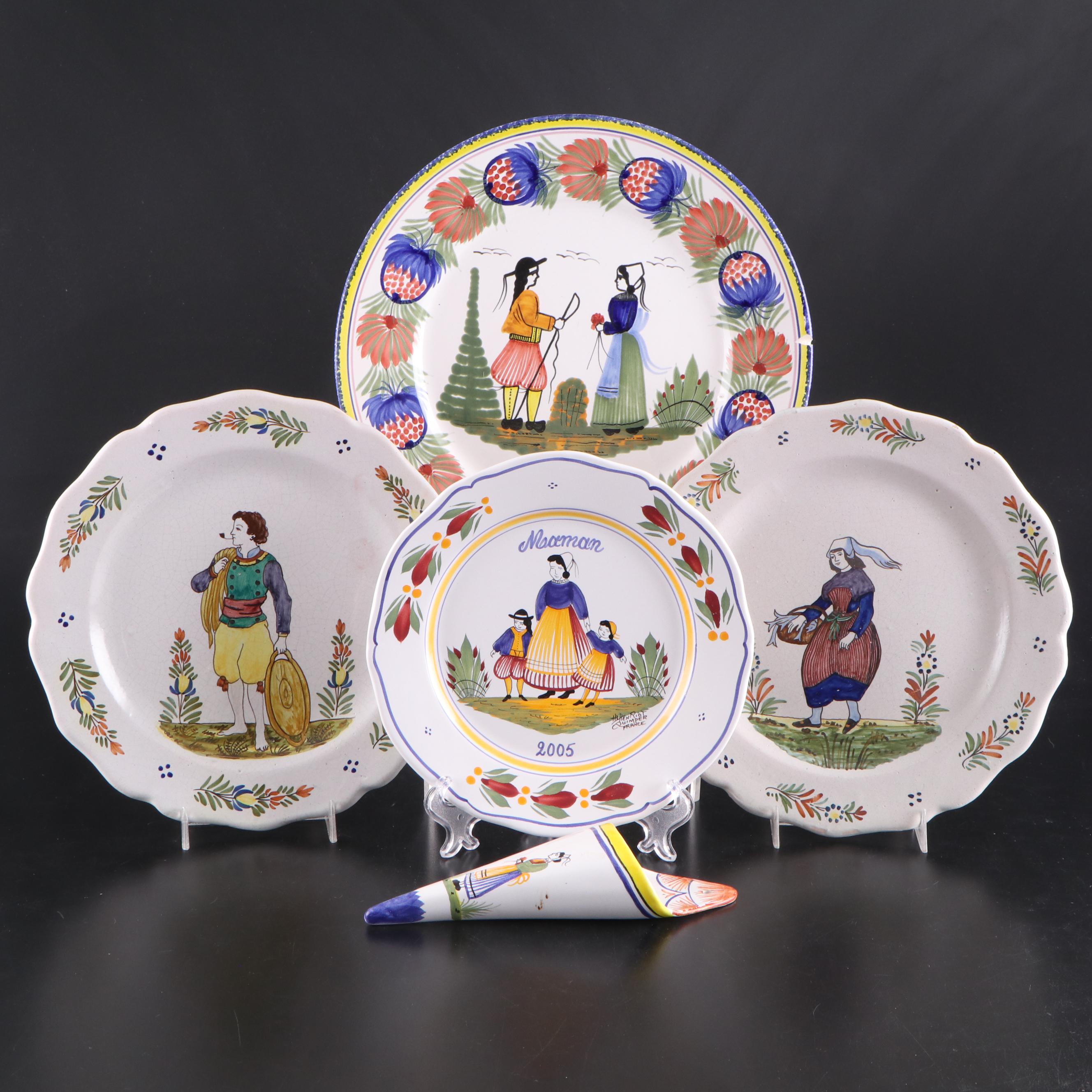 Henriot Faïence Plates and Wall Pocket with Other 19th Century Quimper Plates