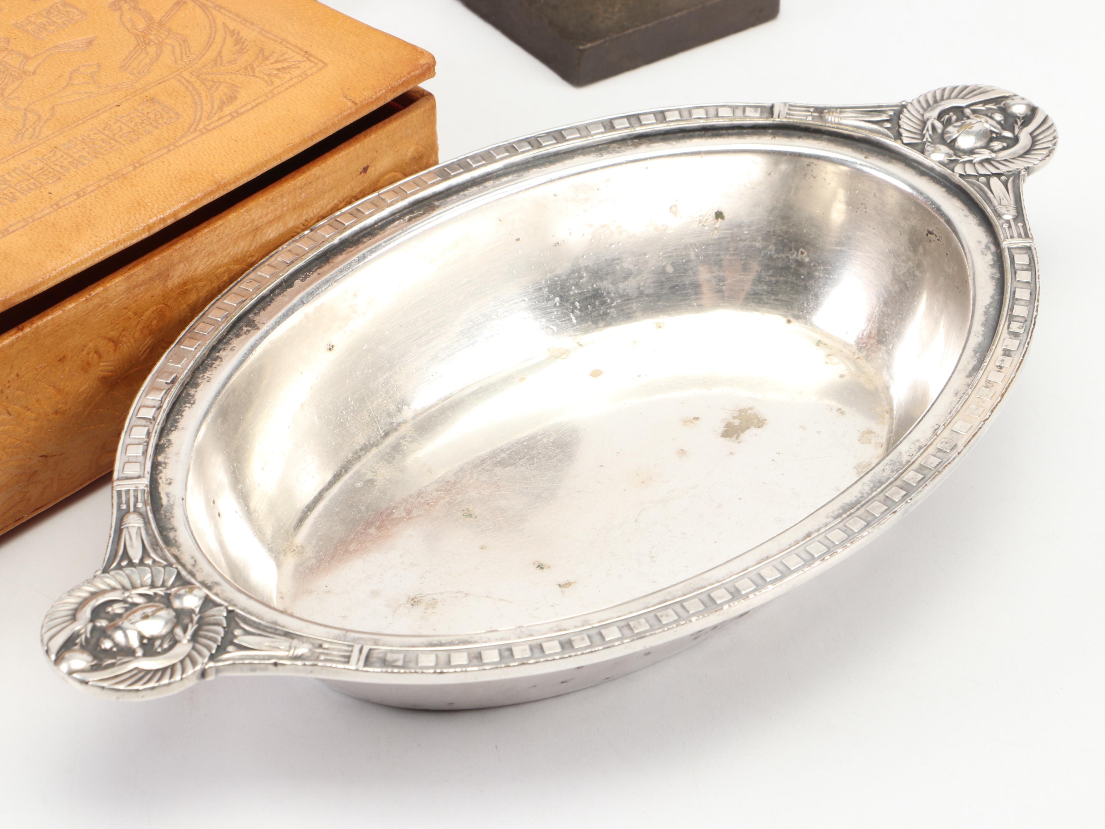 Murray's Silver Plate Egyptian Revival Bowl with Egyptian Figurines and Decor