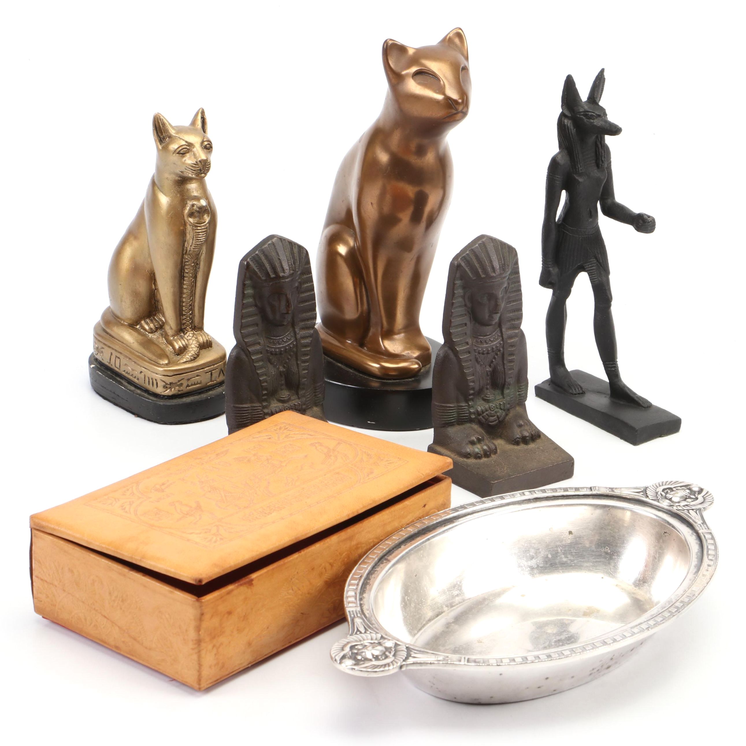 Murray's Silver Plate Egyptian Revival Bowl with Egyptian Figurines and Decor