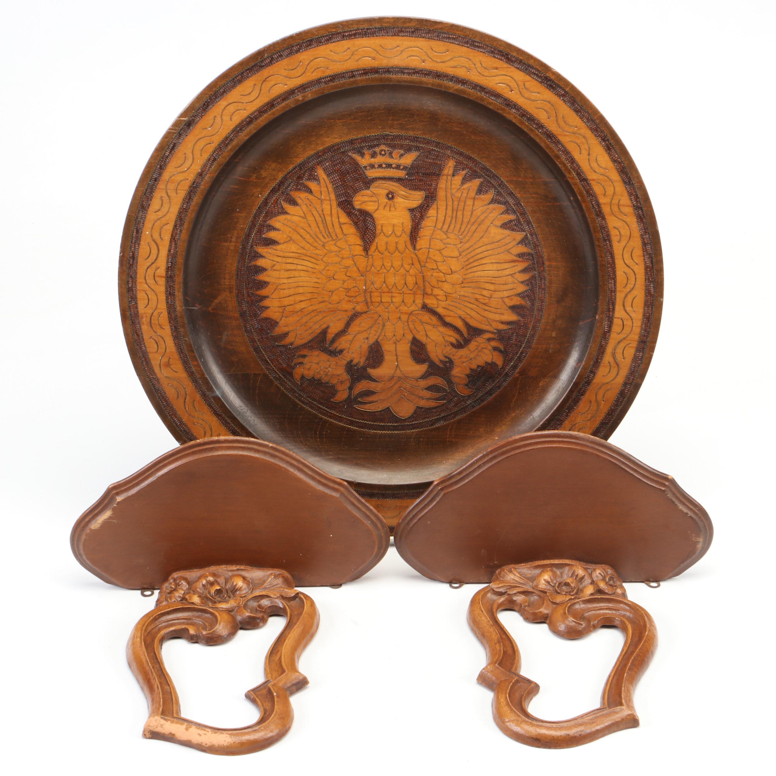 Syroco Carved Wood Decorative Plate Display Shelves With Polish Hand-Carved Tray