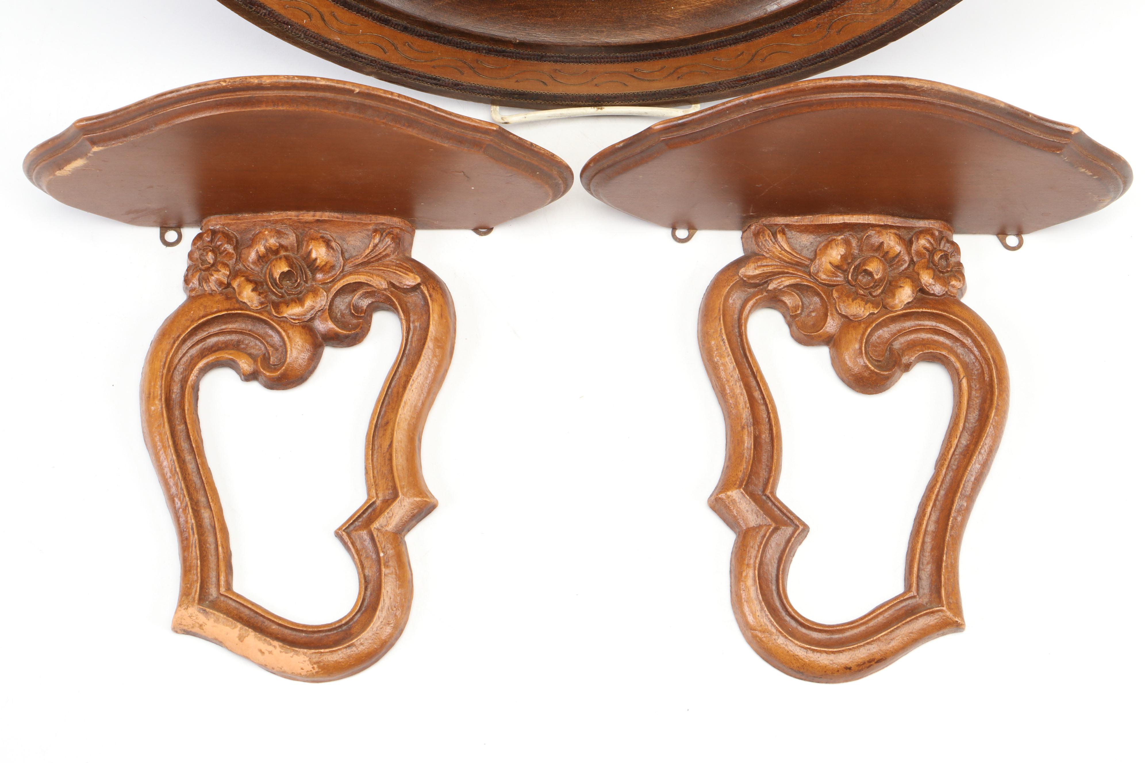 Syroco Carved Wood Decorative Plate Display Shelves With Polish Hand-Carved Tray