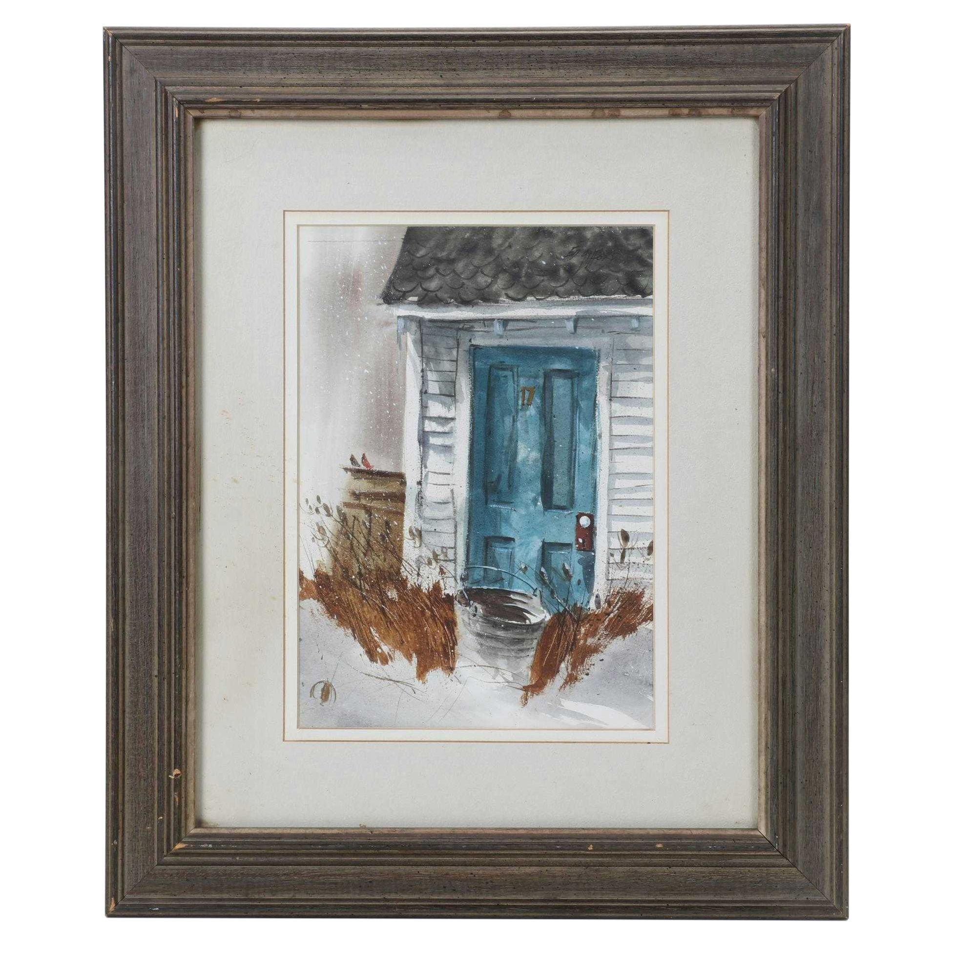 Ed Gifford Watercolor Painting Of Blue Front Door,  20th Century