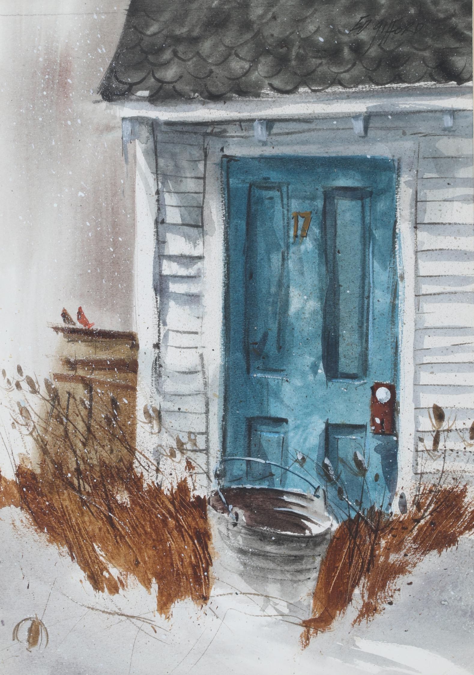 Ed Gifford Watercolor Painting Of Blue Front Door,  20th Century