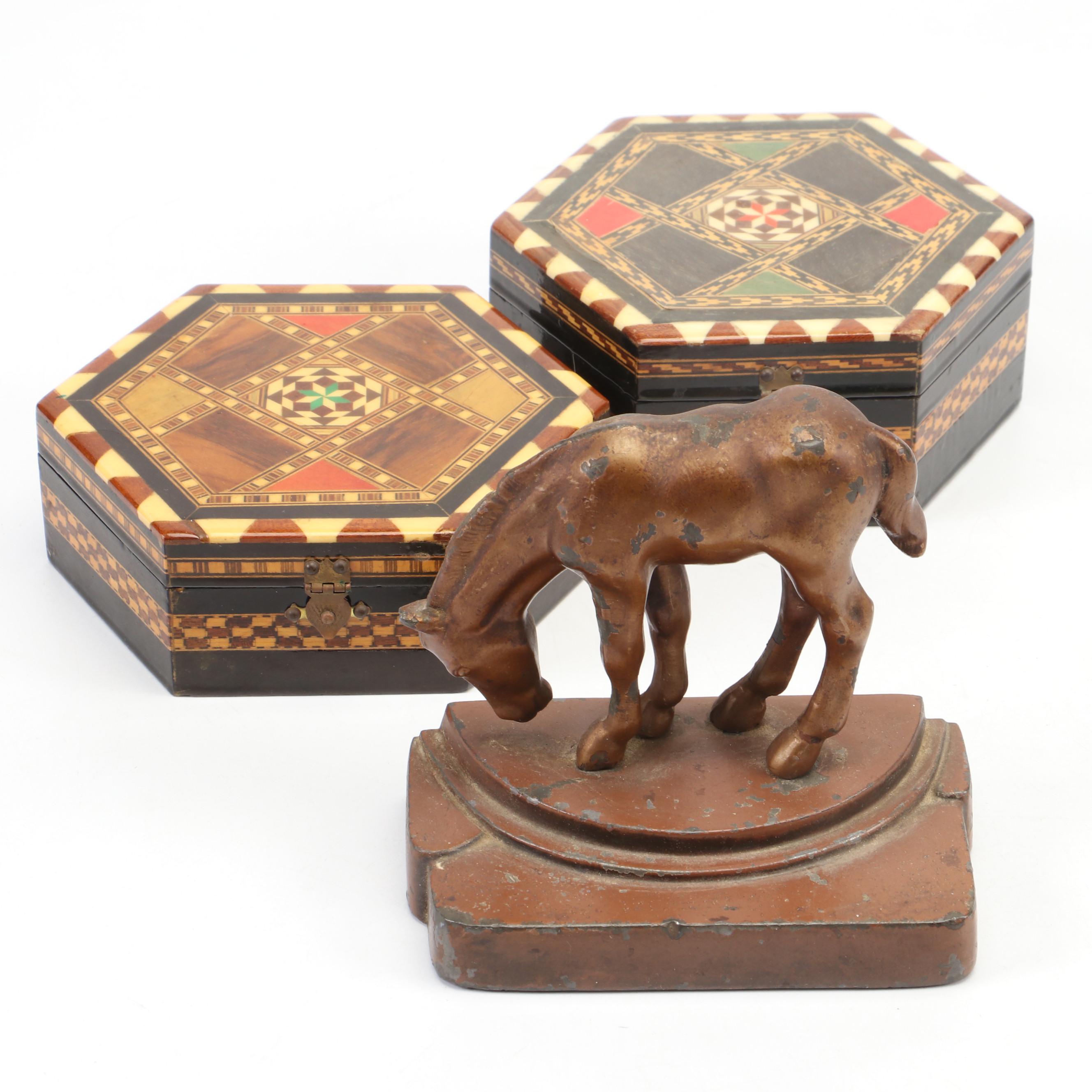 Bronze Enameled Foal Bookend With Two Intarsia Wood Inlay Boxes