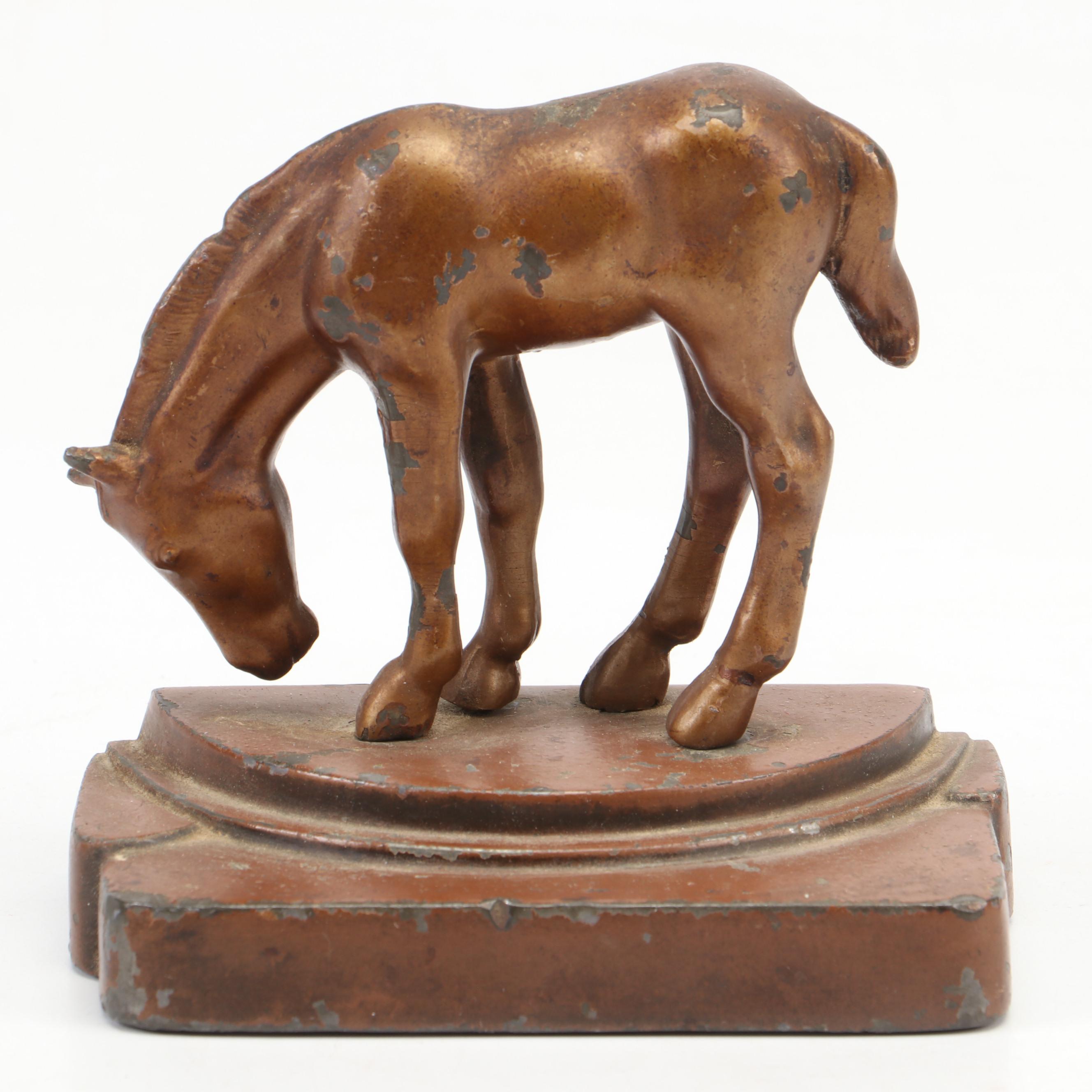 Bronze Enameled Foal Bookend With Two Intarsia Wood Inlay Boxes