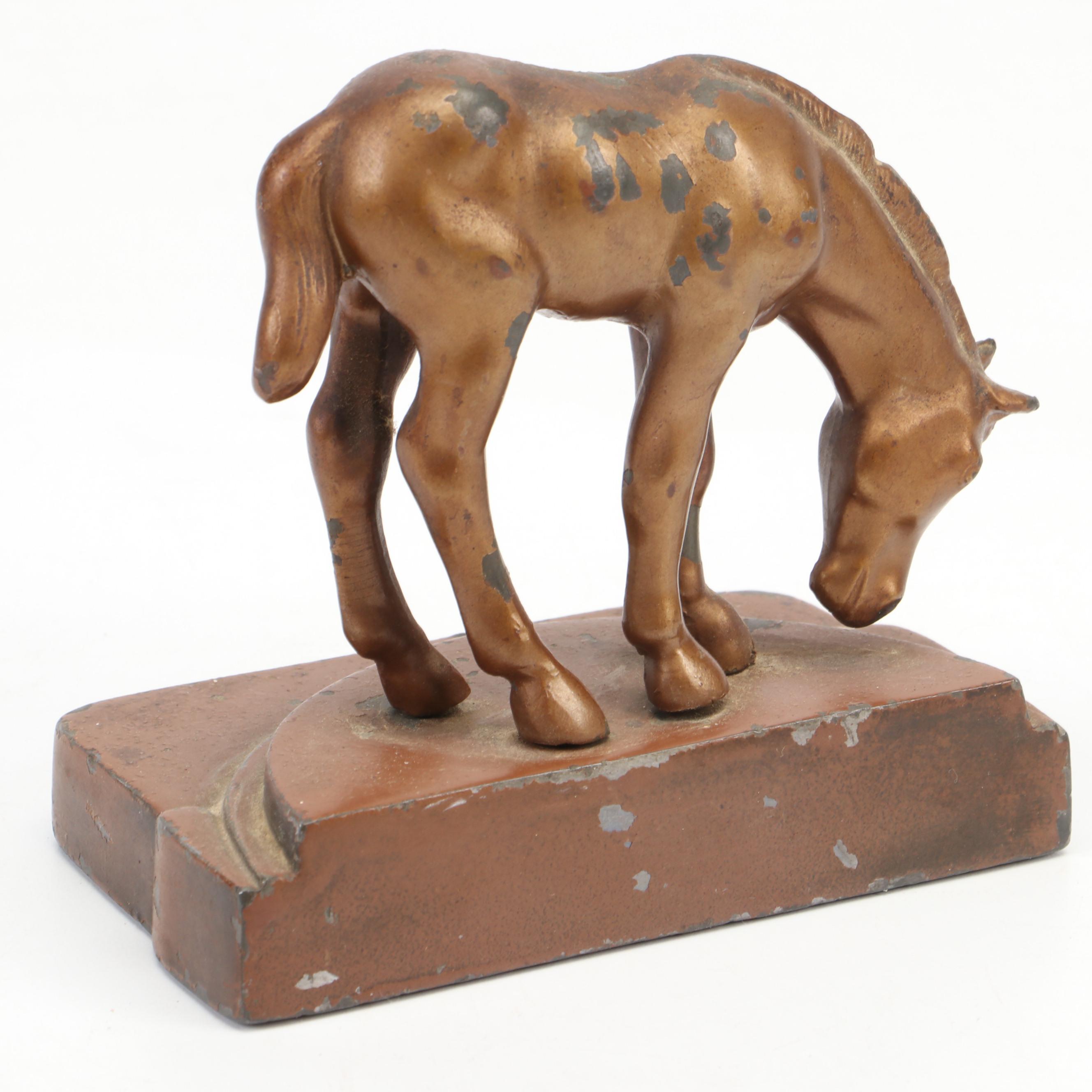 Bronze Enameled Foal Bookend With Two Intarsia Wood Inlay Boxes
