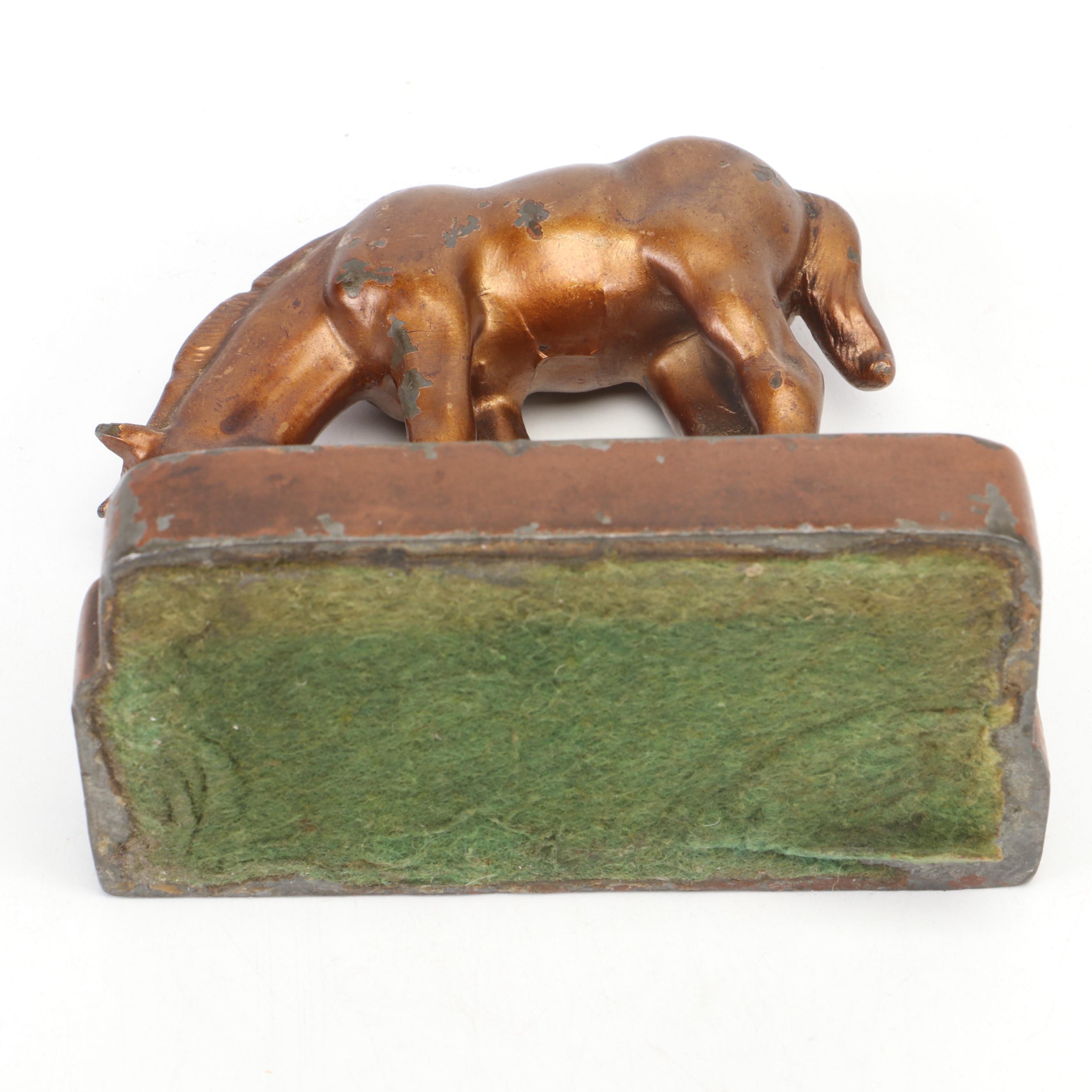 Bronze Enameled Foal Bookend With Two Intarsia Wood Inlay Boxes
