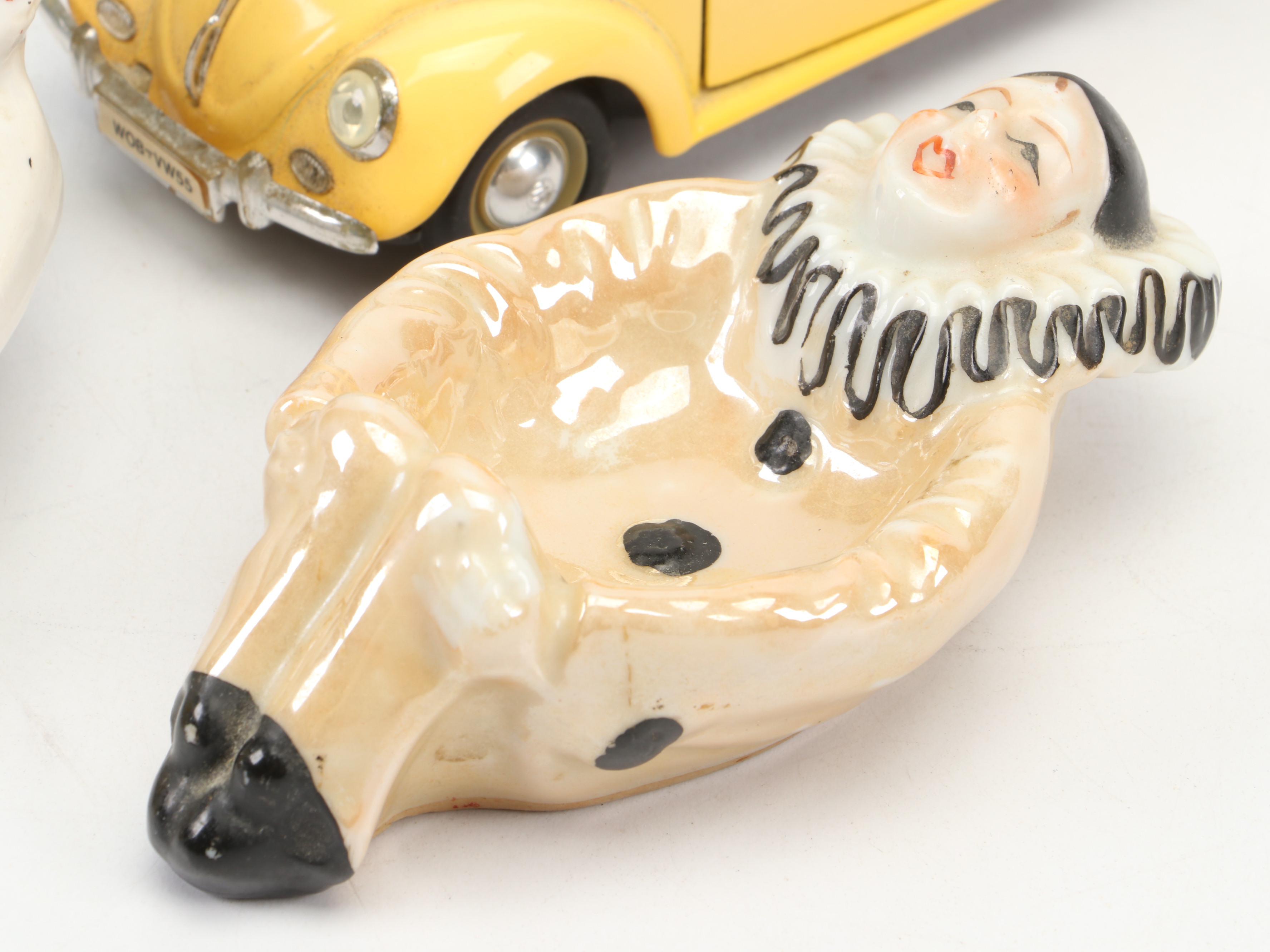 Japanese Ceramic Pierrot Trinket Dishes, VW Beetle Models, and Football Trophy